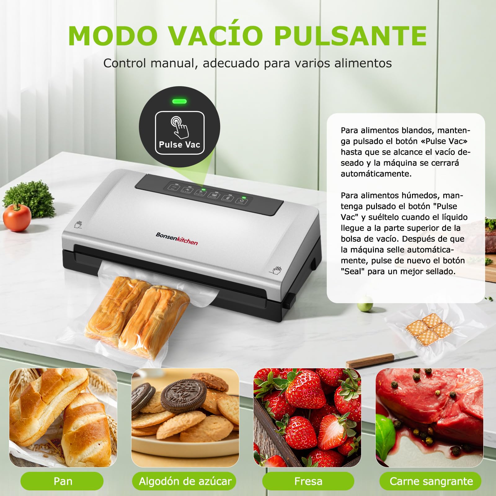 Bonsenkitchen Envasadora al Vacío, Maquina al Vacio con 5 Modos, Cortador y Almacenamiento de Bolsas en Rollo, Vacío Rápido, Incluye 10 Bolsas de Vacío y 1 Bolsa de Rollo-VS3000