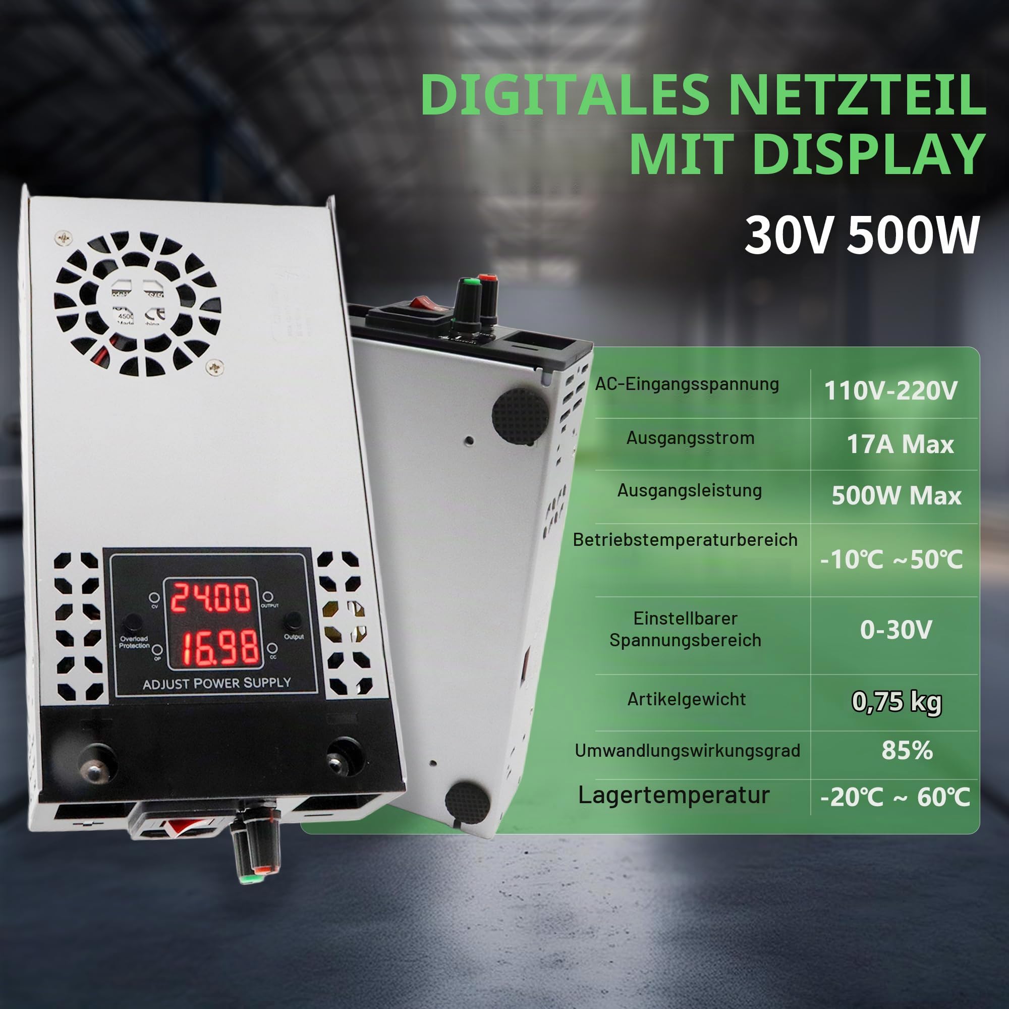 Upgrade Einstellbar Trafo DC 30V 17A 500W Netzteil Transformator Schalternetzteil 230V AC auf DC Netzteil 30Volt Transformator Industriell für LED Lichtleiste CCTV Kamera Sicherheitssystem Radio SMPS