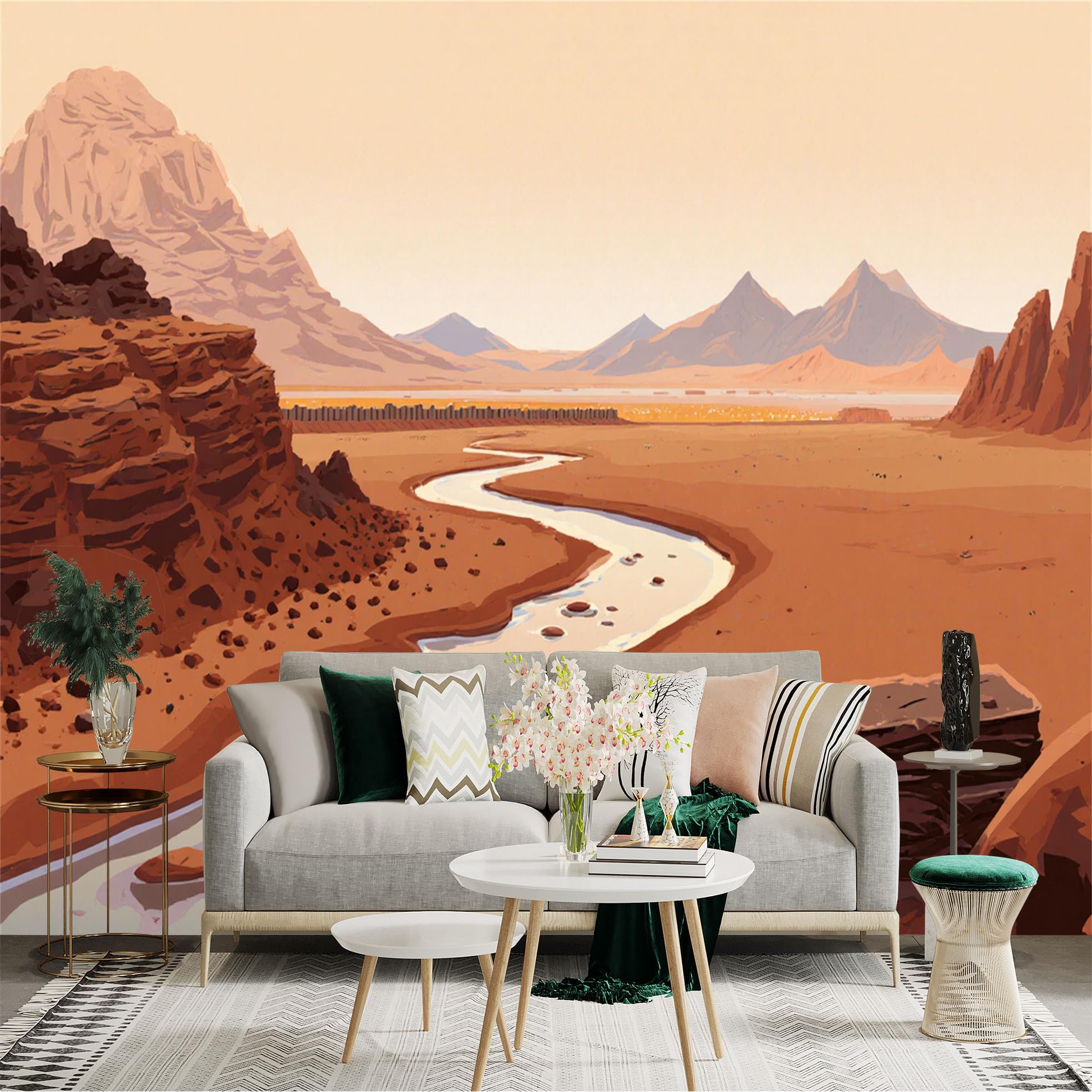 Lnzczhyre Xc260505660 Custom Size Wall Sticker Mural， Winding River In Arid Desert Landscape， Rocky Terrain With Distant Mountains， Sunset Light， For Wall Decoration， Peelandstick Wall Decals.