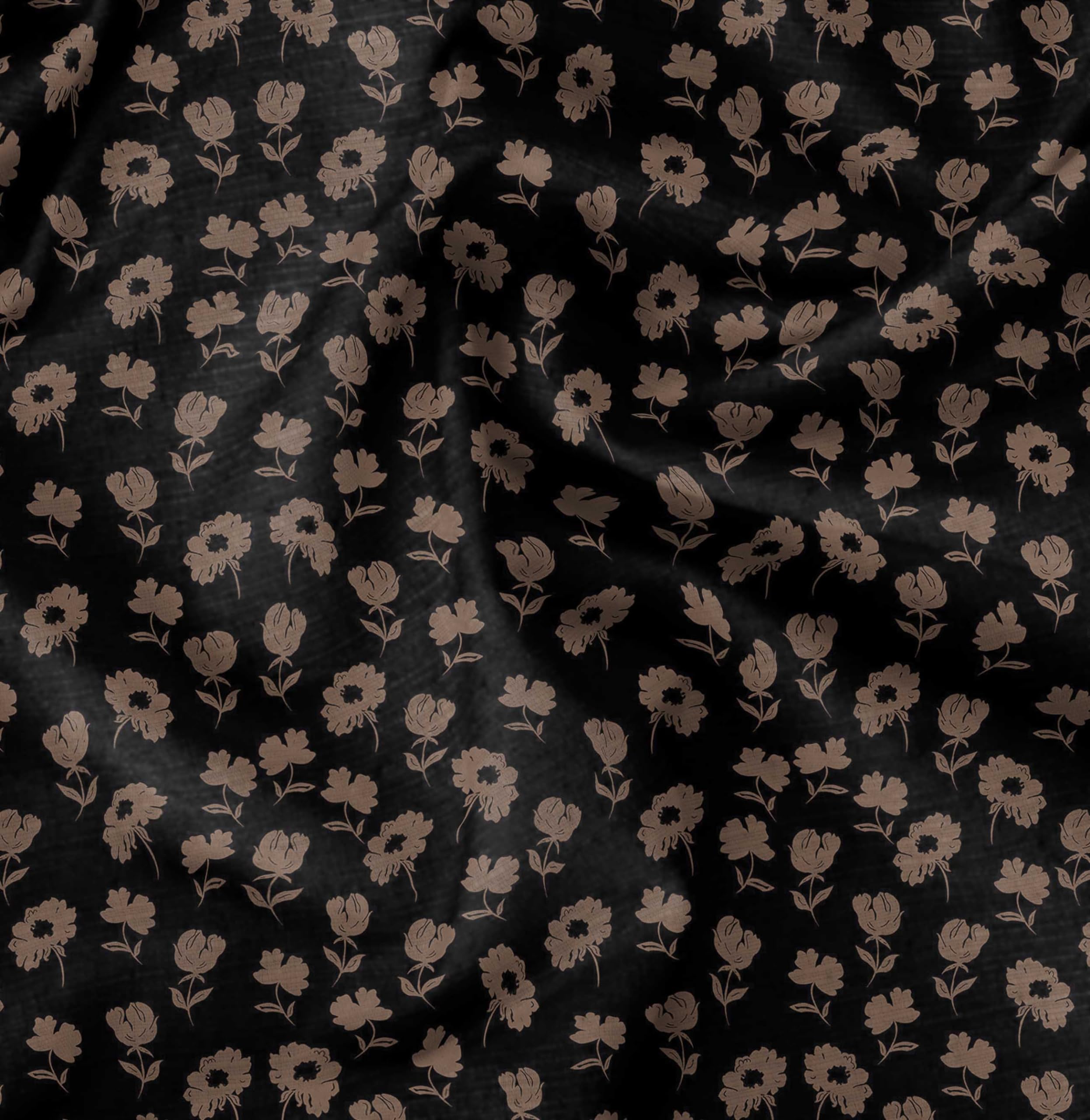 Soimoi Florals Print - Black, Pure Silk Fabric - 42 Inch Wide, 1 Metre, Lightweight Material, Perfect for Elegant Dresses, Sarees, Scarves, Evening Wear