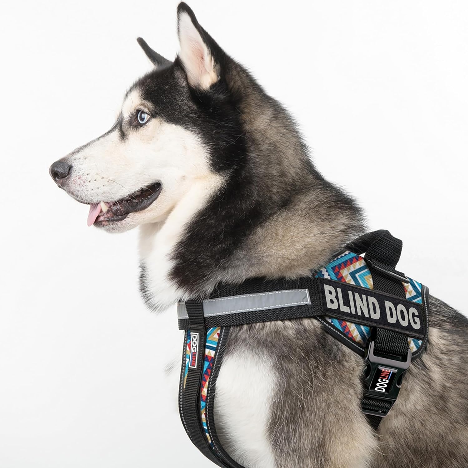 Dogline Unimax Dog Harness Vest with Blind Dog Patches Reflective No-Pull, Adjustable Straps, Breathable Neoprene for Medical, Service, Identification and Training Dogs Girth 28 to 38" Aztec