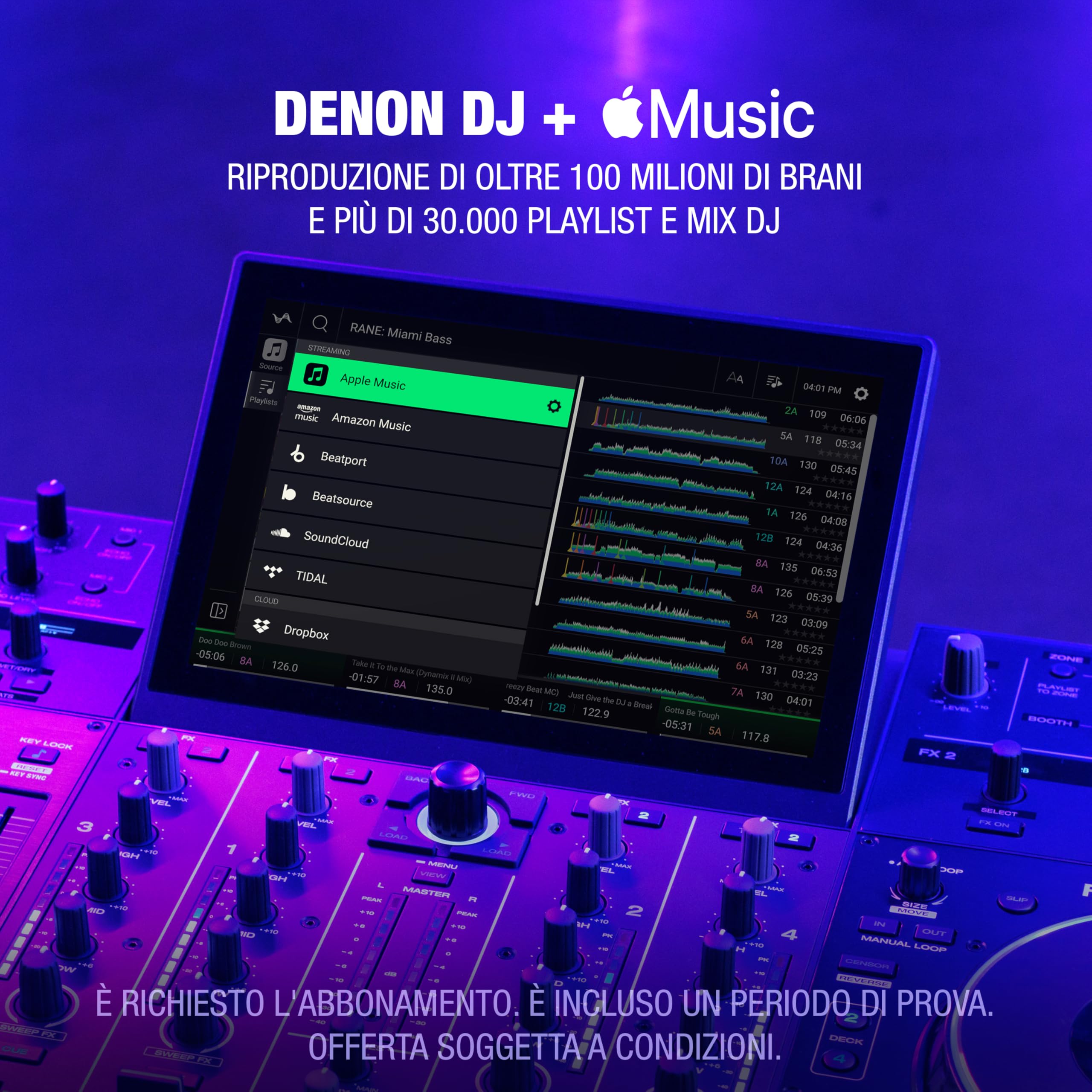 Denon DJ PRIME 4+ Controller 4-Deck Stem Separation Wi-Fi Mixer Drop Sampler 10.1" Touchscreen Luci Nero