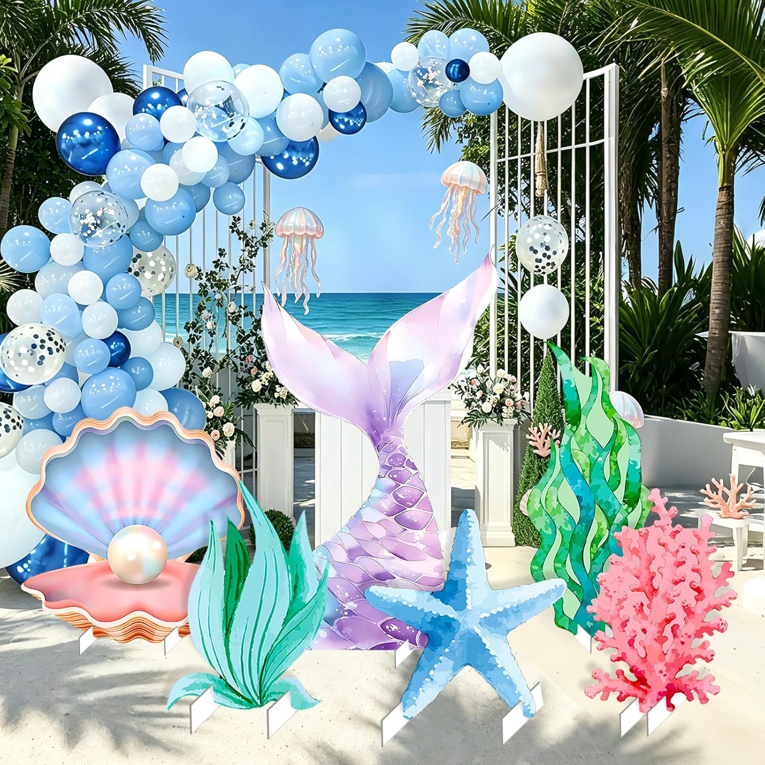 Large Under The Sea Mermaid Decoration Mermaid Tail Seashell Starfish Cardboard Cutout Yard Stakes Stand Set for Wedding Bridal Shower Birthday Party Decor