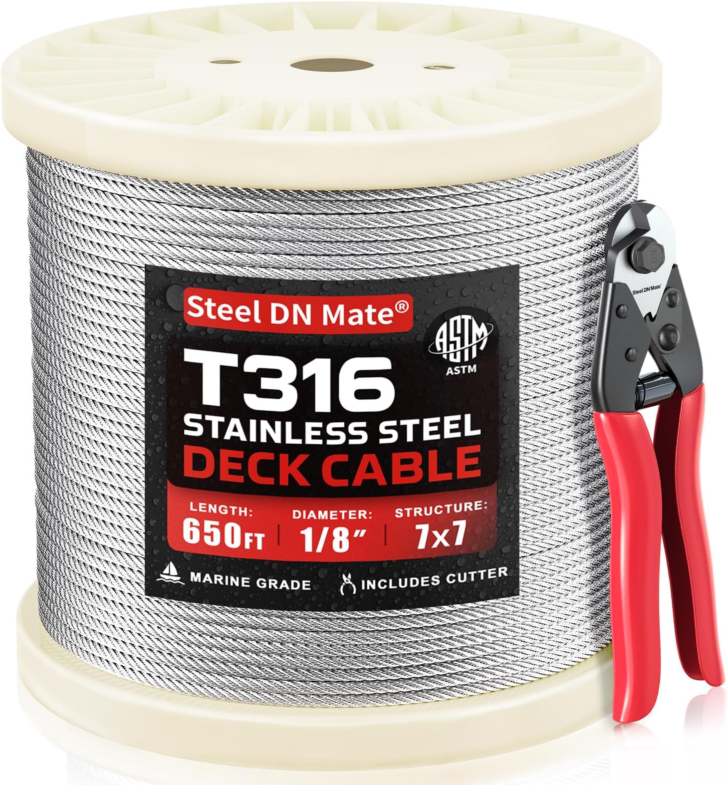 Steel DN Mate 650 FT 1/8'' T316 Stainless Steel Cable 7x7 Strand Core, 1800 lb Breaking Strength, Aircraft Cable for Cable Railing Kit, DIY Balustrade DW65