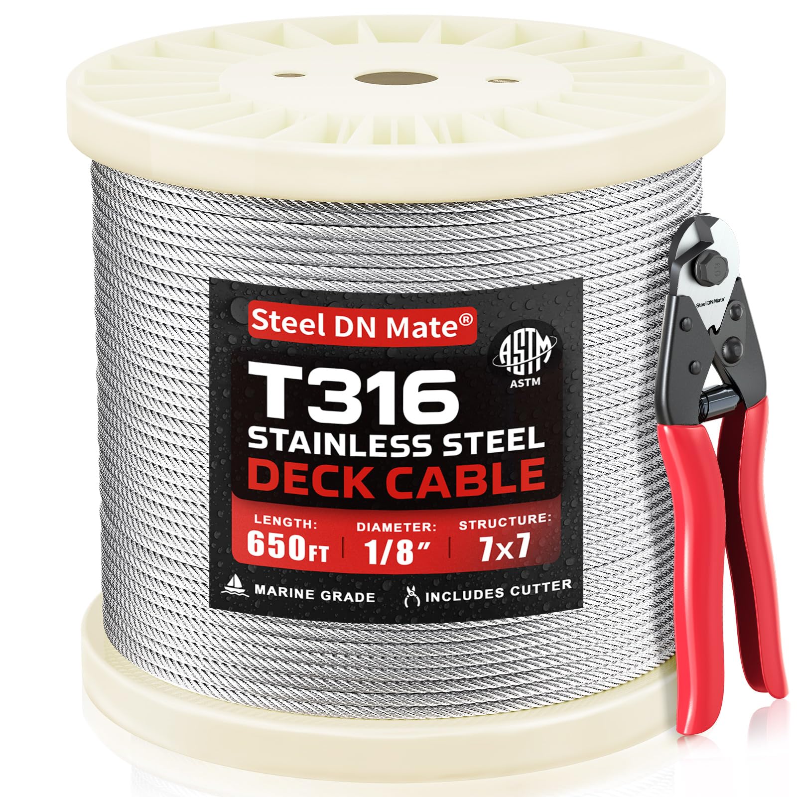 Steel DN Mate 650FT 1/8" Genuine T316 Stainless Steel Cable for Cable Railing Kit, 7x7 Strand Core, 1800 lb Breaking Strength, Marine Grade Aircraft Cable, Corrosion-Resistant, ASTM Certified DW65