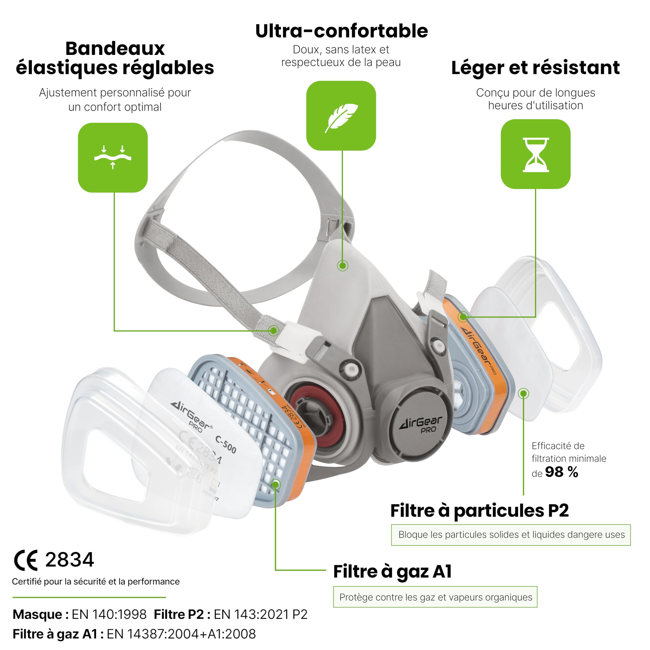 AirGearPro G-500 Masque de Protection Respiratoire Réutilisable Anti poussière Gaz avec Filtres et Lunettes de Protection