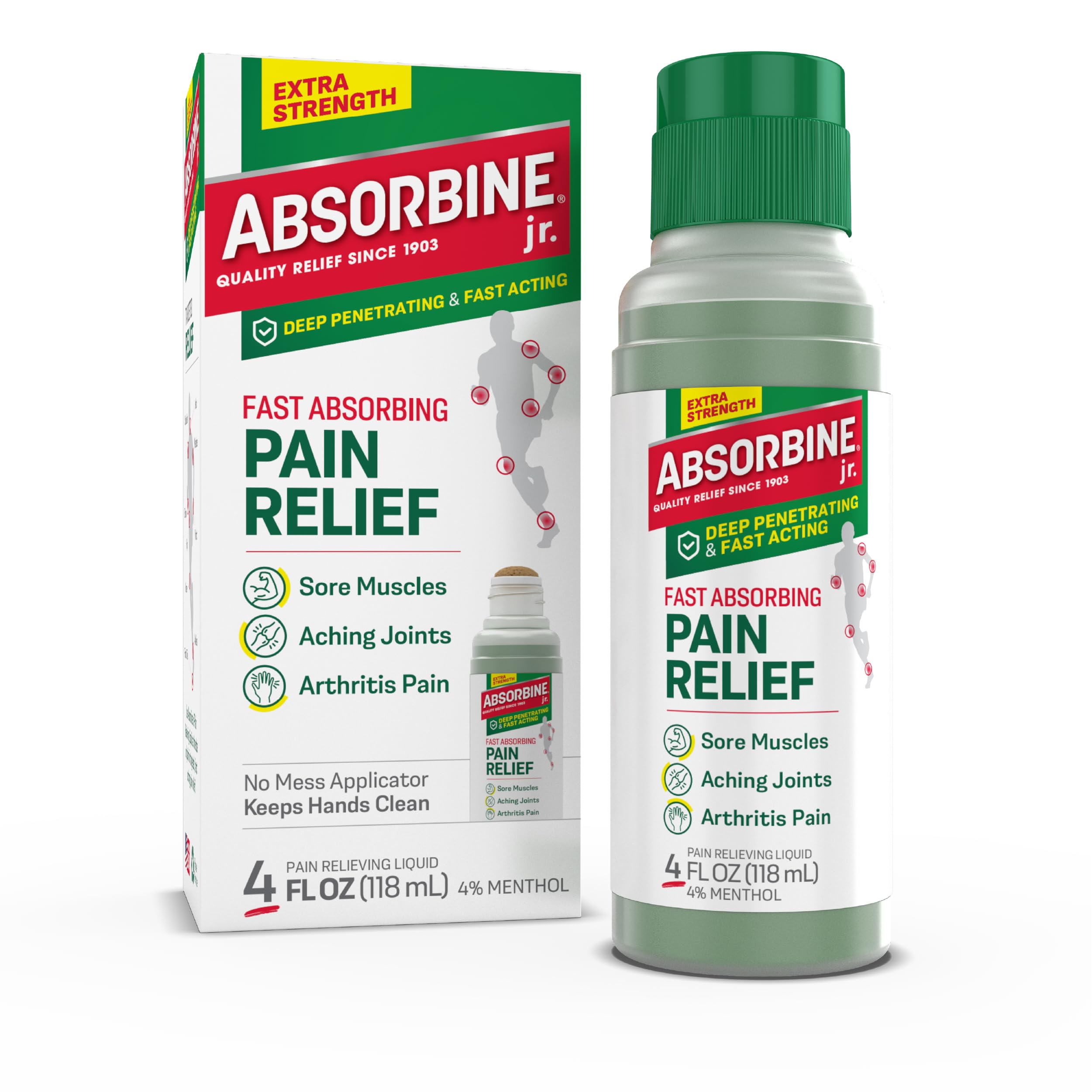 Absorbine Jr. Pain Relieving Liquid | Sore Muscles and Arthritis Pain Relief | Roll On Applicator | 4 Ounces