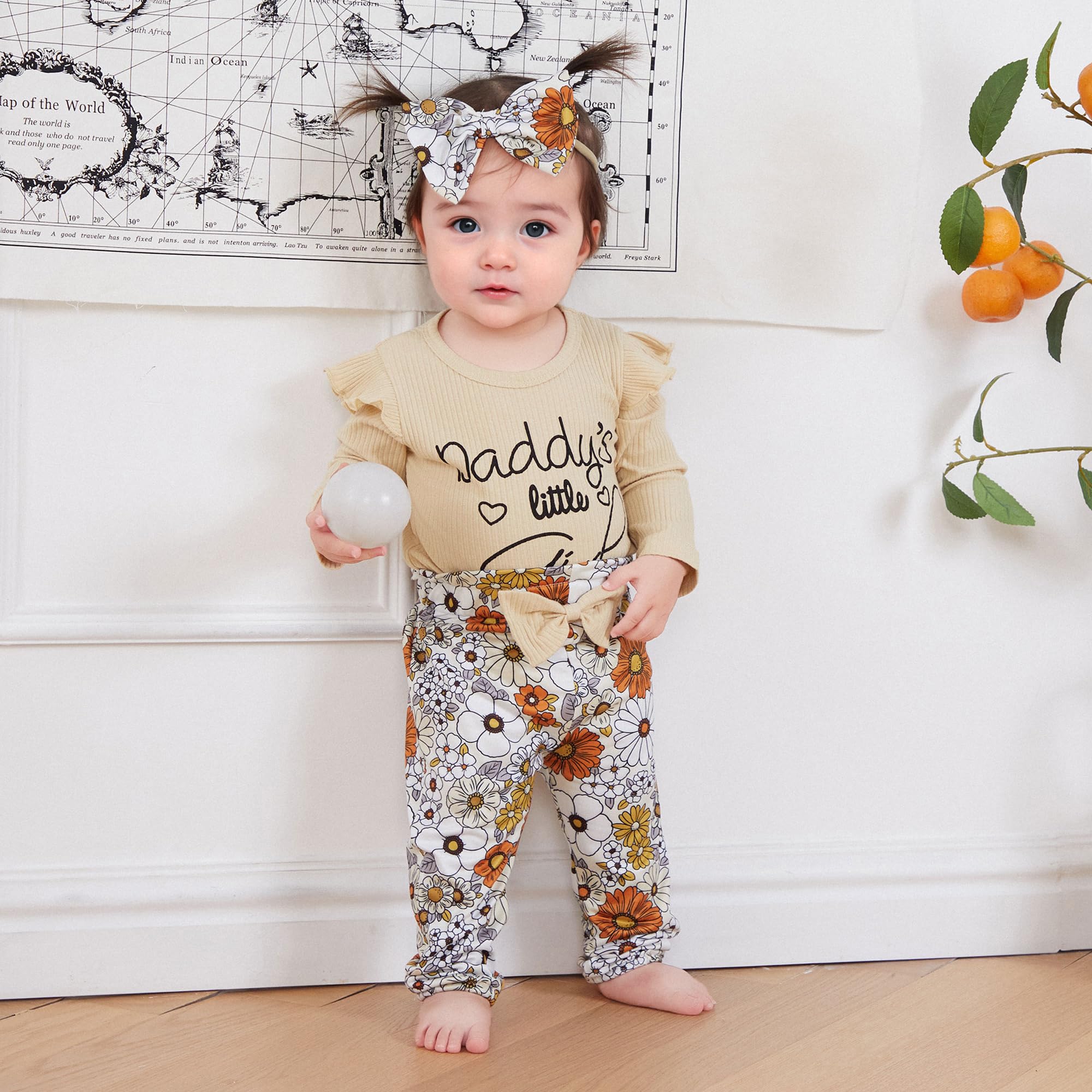 Kupretty Baby Girl Fall Winter Clothes Cute Infant Outfit Long Sleeve Ruffle Knit Romper Bodysuit + Pants + Headband Set (Khaki, 0-3 Months)