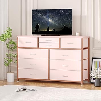 Jojoka Wide 10 Drawer Dresser,TV Stand Entertainment Center Fabric Storage Dressers Drawers for Bedroom, Hallway, Nursery, Closets, Steel Frame, Wood Top (Pink)