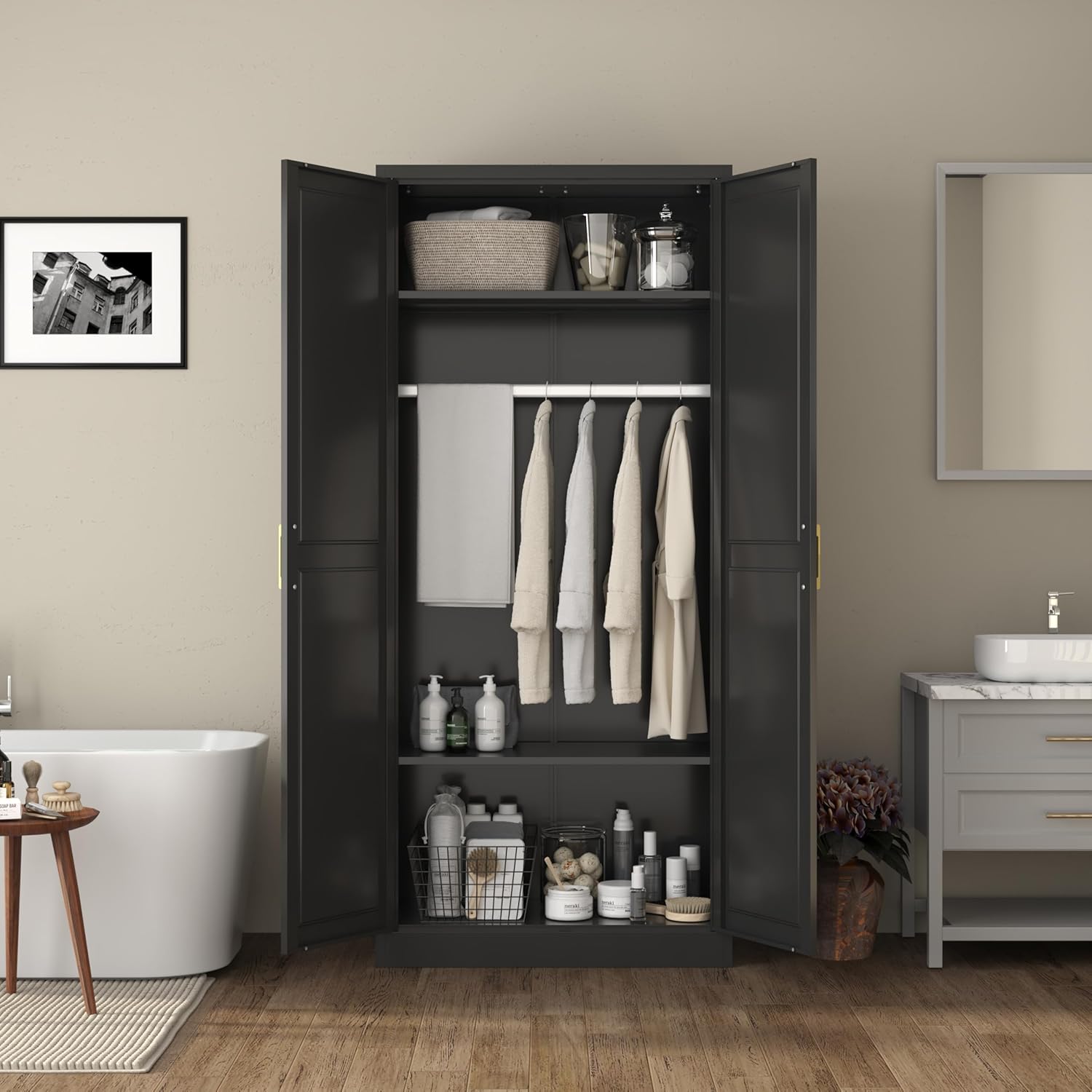 Metal Wardrobe Cabinets，Armoire Wardrobe Closet with Hanging Rod,Clothes Storage Cabinet with Adjustable Shelves and Doors, Clothing Cabinet for Bedroom, Office, Laundry Room