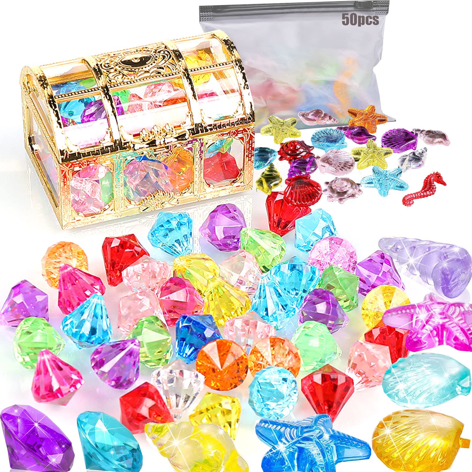 50 pcs Diving Gem Pool Toy, Gem with Treasure Pirate Chest Box Summer Underwater Acrylic Gemstones Set Underwater Swimming Toy for Pool Use Treasures Gift Sets for Kids Party Favors (Multicolor)