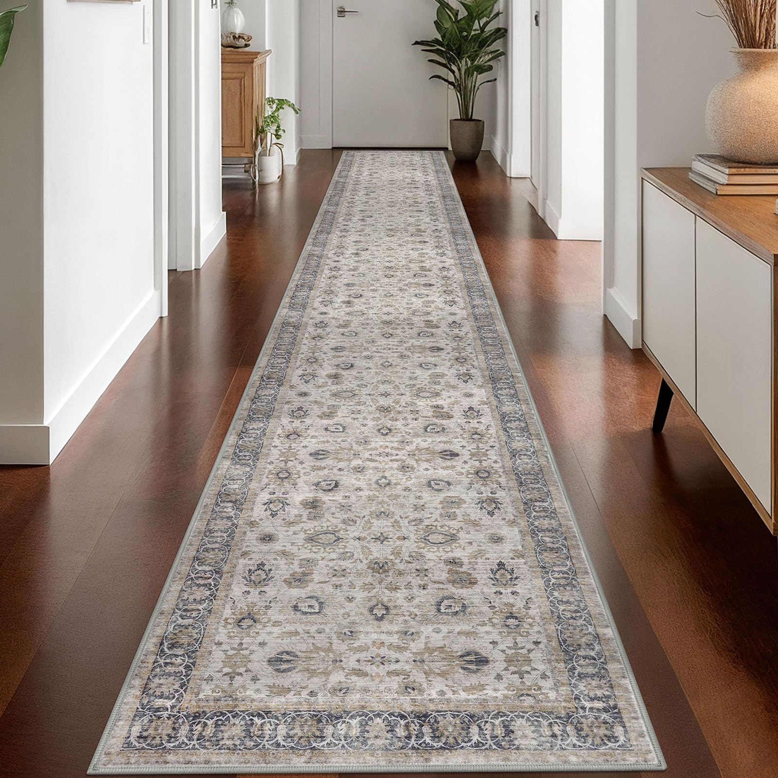KOZYFLY Vintage Washable Long Runner Rug 2.6x18 Hallway Rug Grey/Beige — image 1