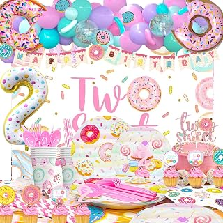 203 PCs Two Sweet Birthday Party Decorations, Fiesec Donut 2nd Party Supplies for Girl Backdrop Balloon Garland Banner Tablecloth Cake Cupcake Topper Plate Napkin Cup Straw Knife Spoon Fork