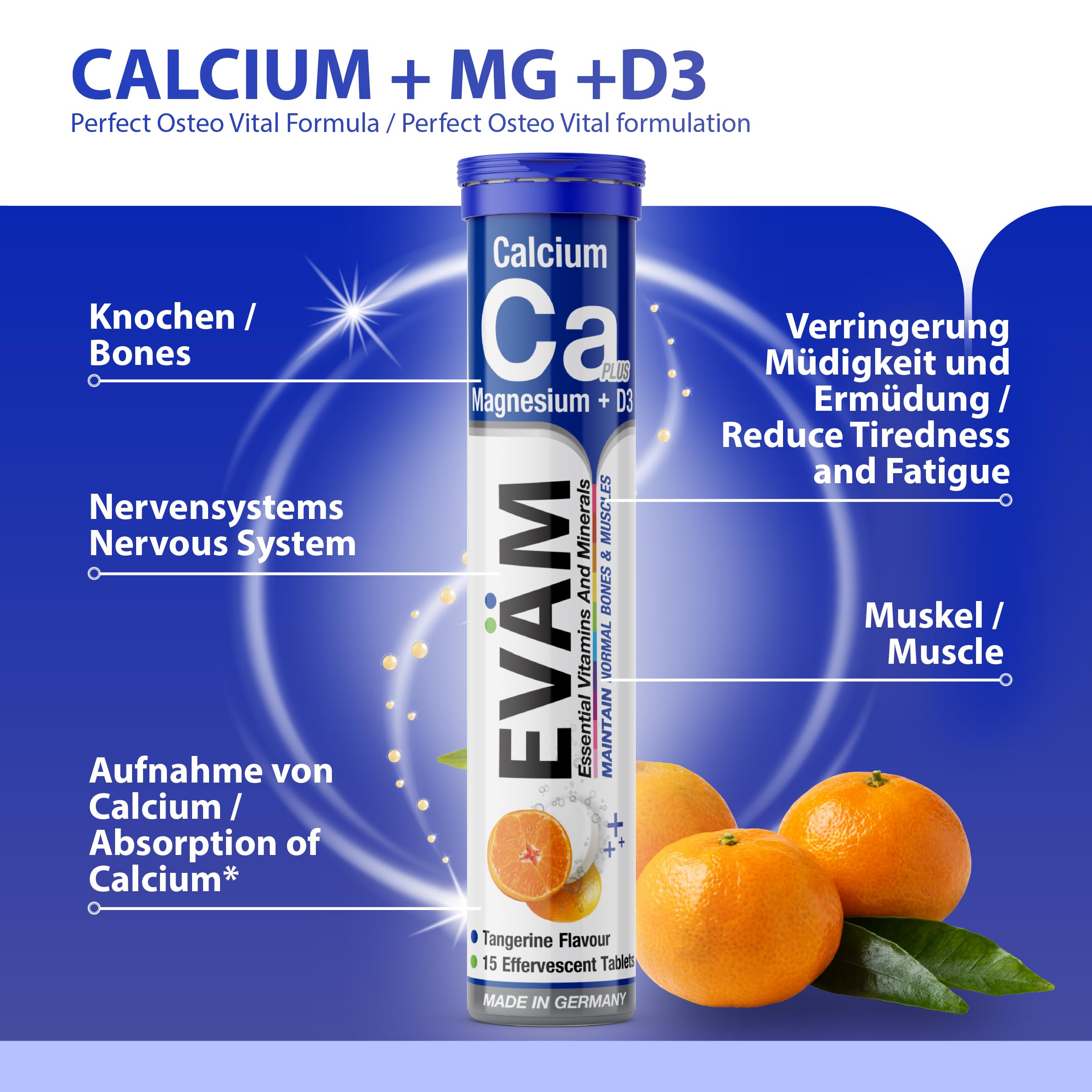 Calcium Magnesium D3 Brausetabletten I Geschmack Mandarine I 24x 15 Stück I Nahrungsergänzungsmittel zur Unterstützung von Knochen und Muskeln I für Vegetarier geeignet I Made in Germany