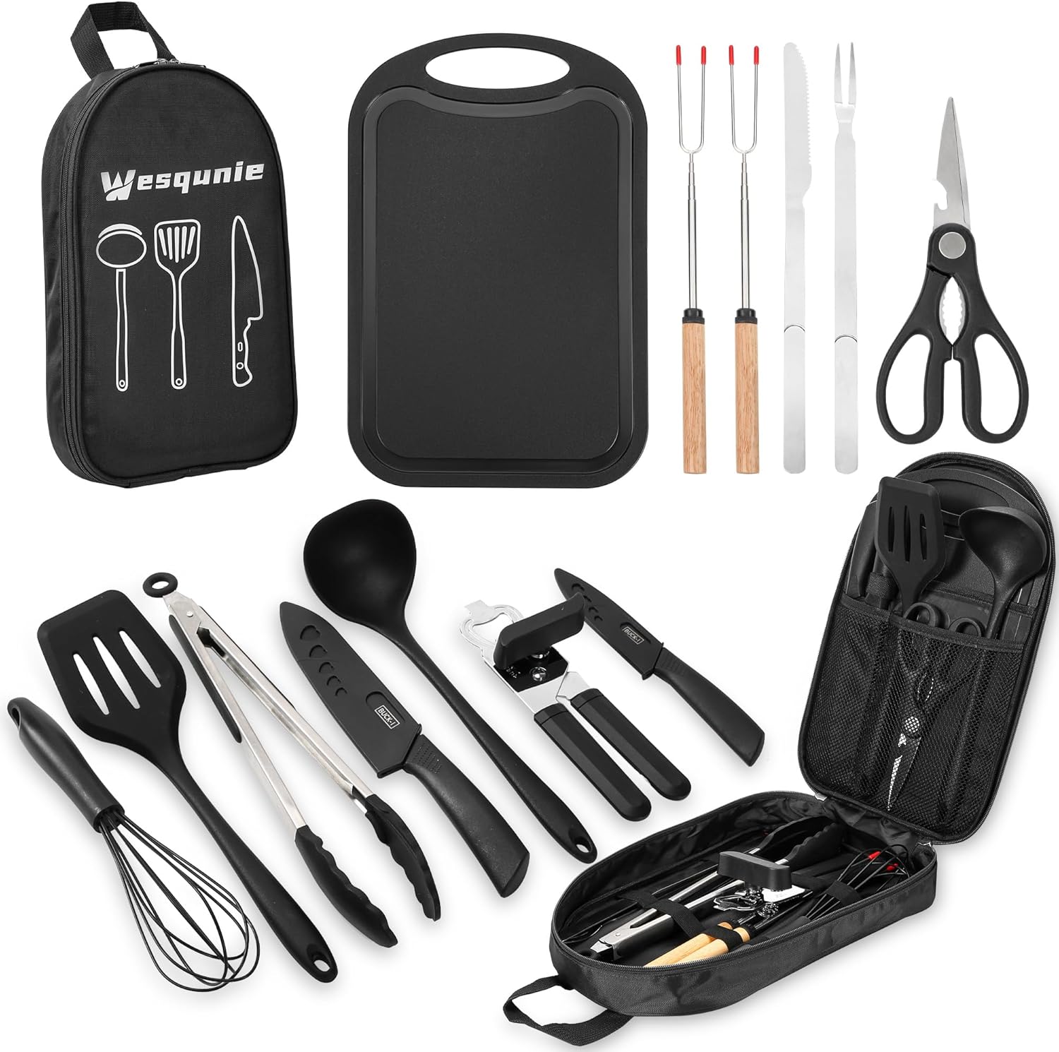 Camping Essentials Cookware Cooking Utensils Set – Camping Kitchen Utensils, Portable Outdoor Accessories, Stainless Steel & Silicone, Camping Gear Equipment for RV Picnic Grill