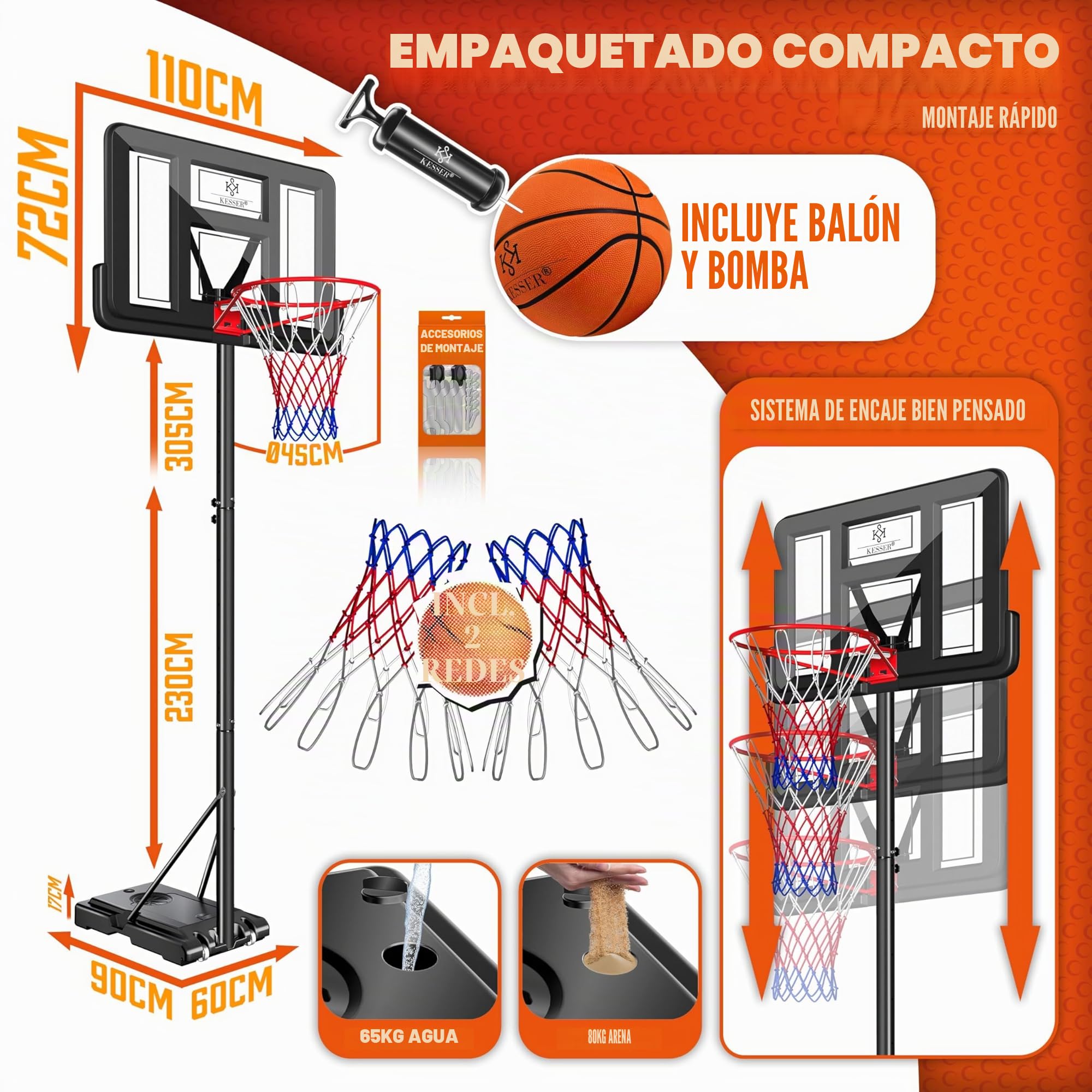 KESSER Canasta de Baloncesto Premium 230-305 cm Altura Regulable Base Ruedas Balón Inflador