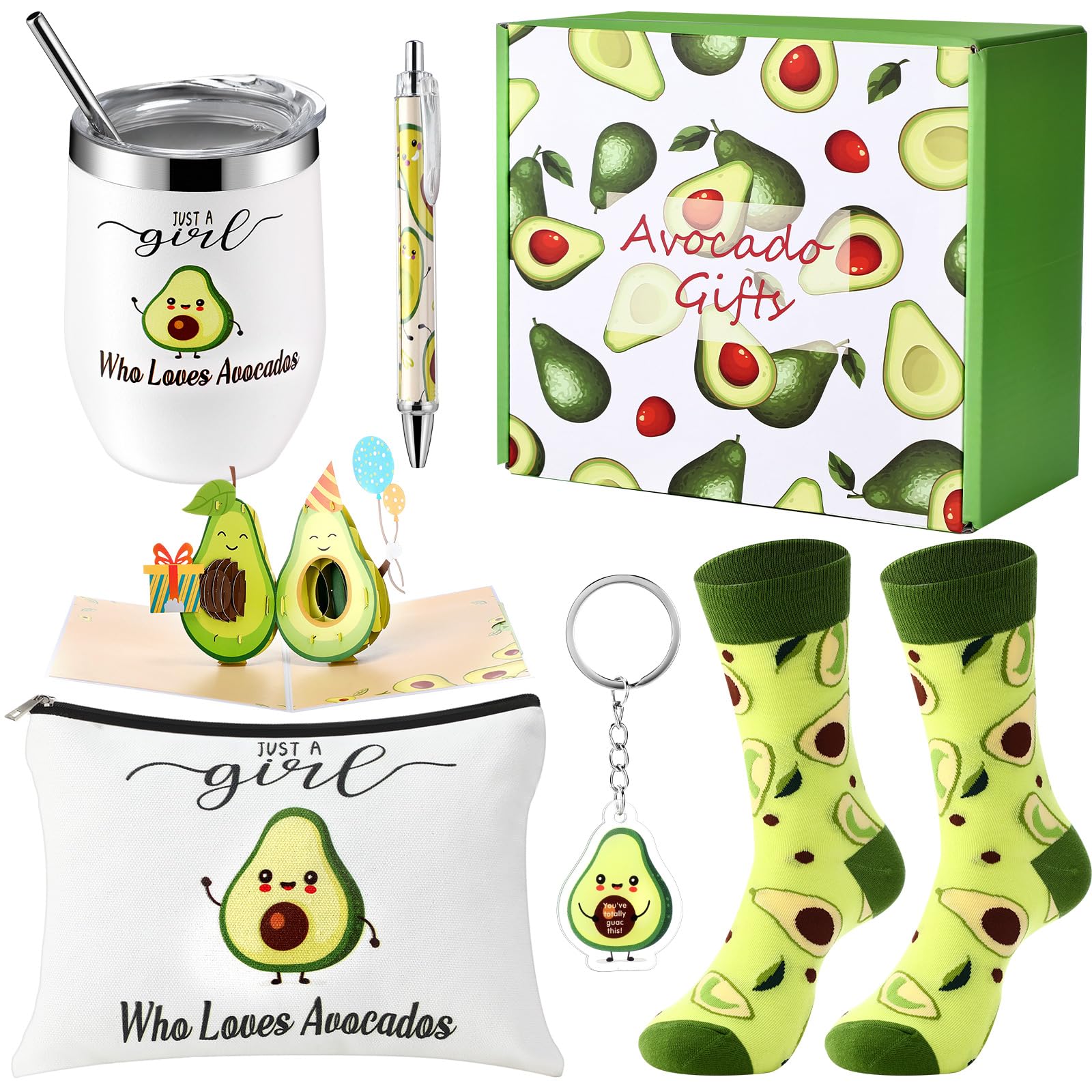 Singhoow 6 Pcs Funny Gift Baskets for Women Girls Pickle Avocado Socks with Vegetable Animals Makeup Bag Insulated Tumbler Keychain Greeting Card Pen