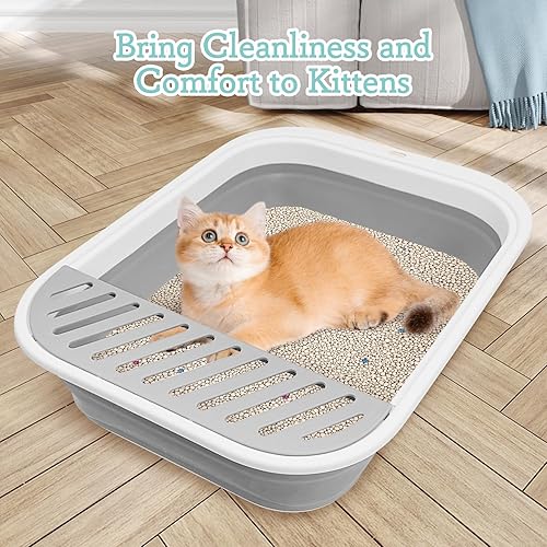 Miniatura 14 de Fhiny Caja de arena abierta para gatos, pequeña caja de arena para gatitos de entrada baja, bandeja para orinal plegable, impermeable, para Gris