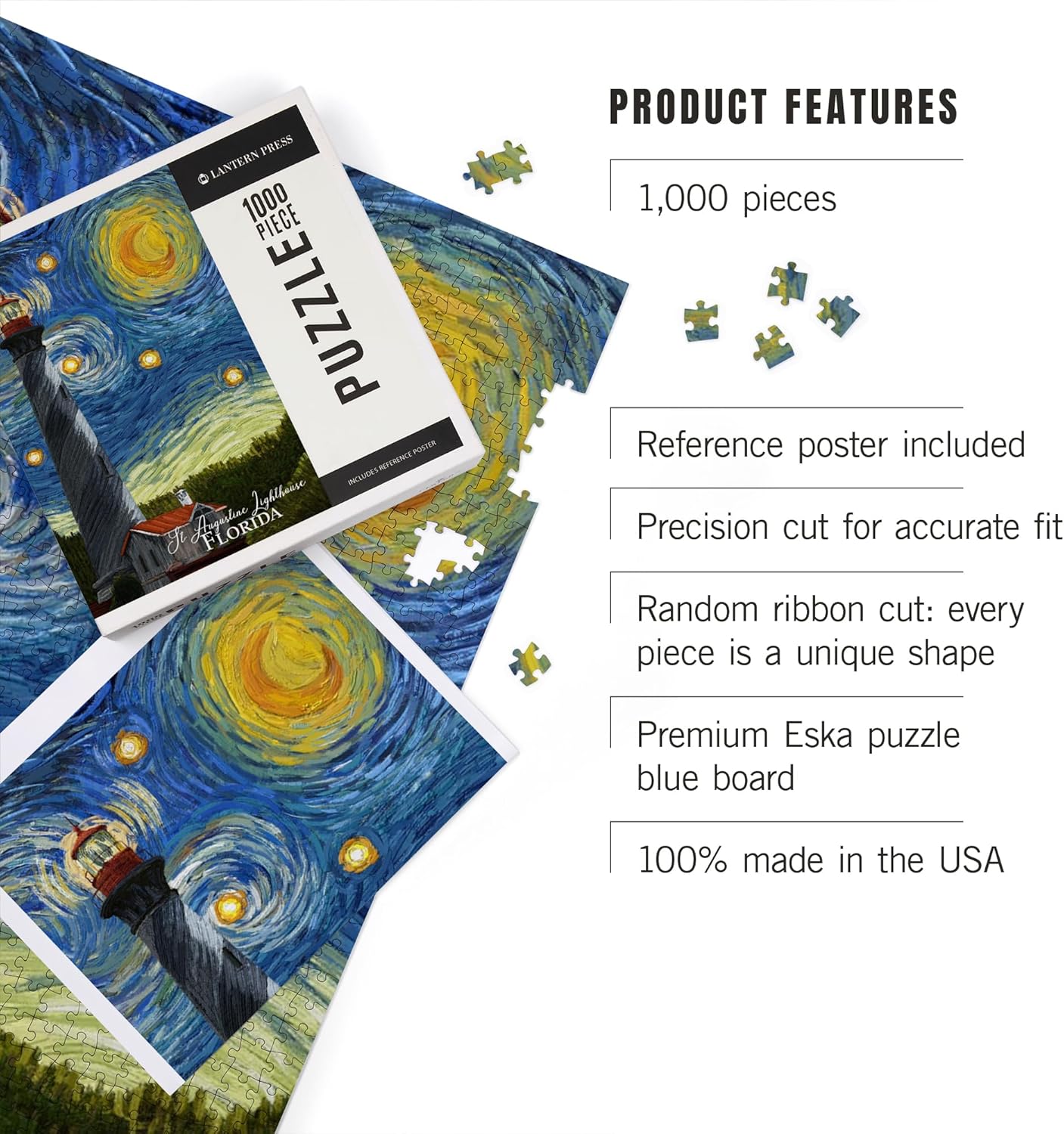 Lantern Press St. Augustine, Florida, Lighthouse, Starry Night, 1000 Piece Jigsaw Puzzle for Adults, Made in USA with Reference Poster