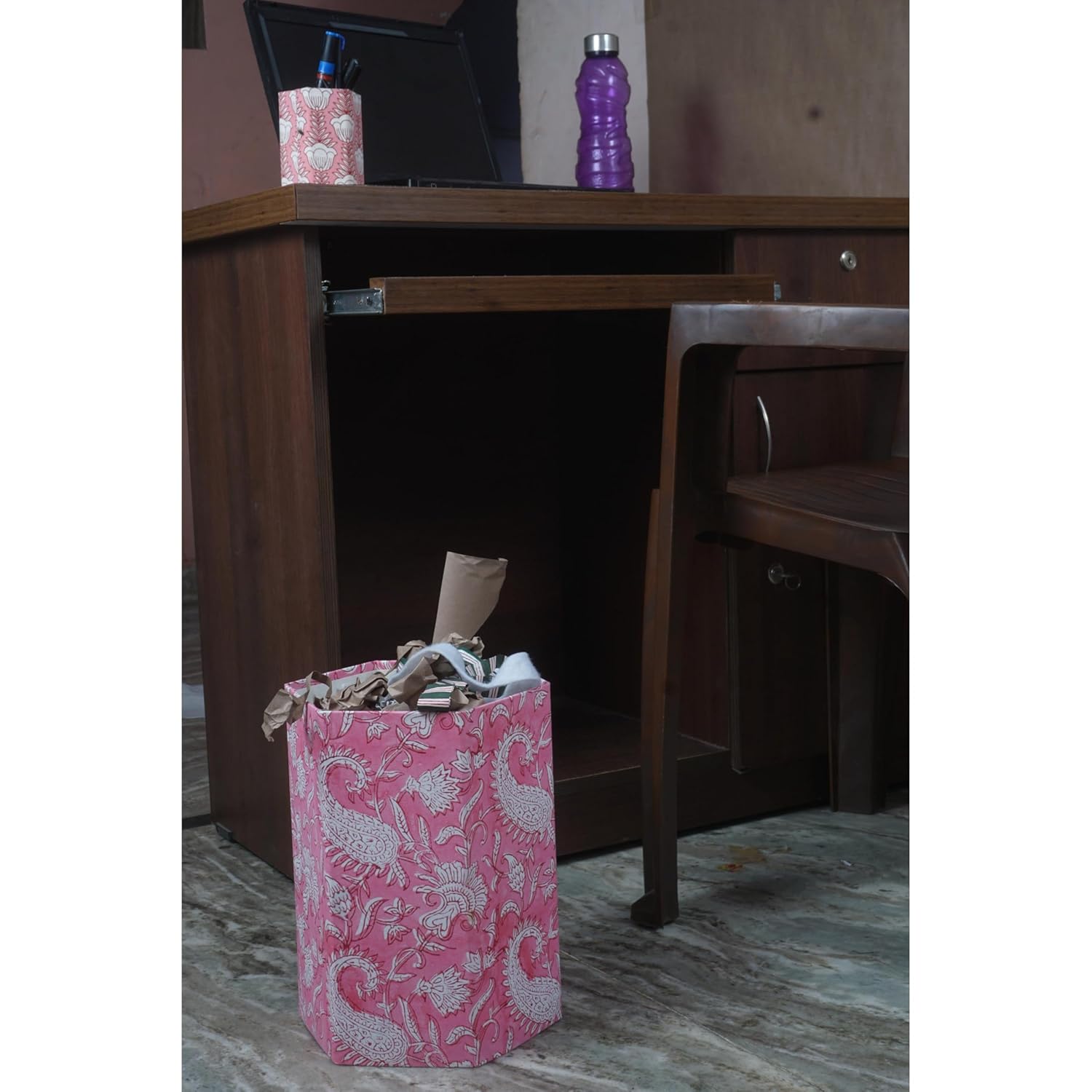 Floral Hand Block Printed 3.3 Gallon Decorative Waste Basket – Eco-Friendly Cardboard Trash Can, Plastic-Free & Sustainable, Perfect for Christmas and Housewarming Gifts (1, Pink MUKAT)
