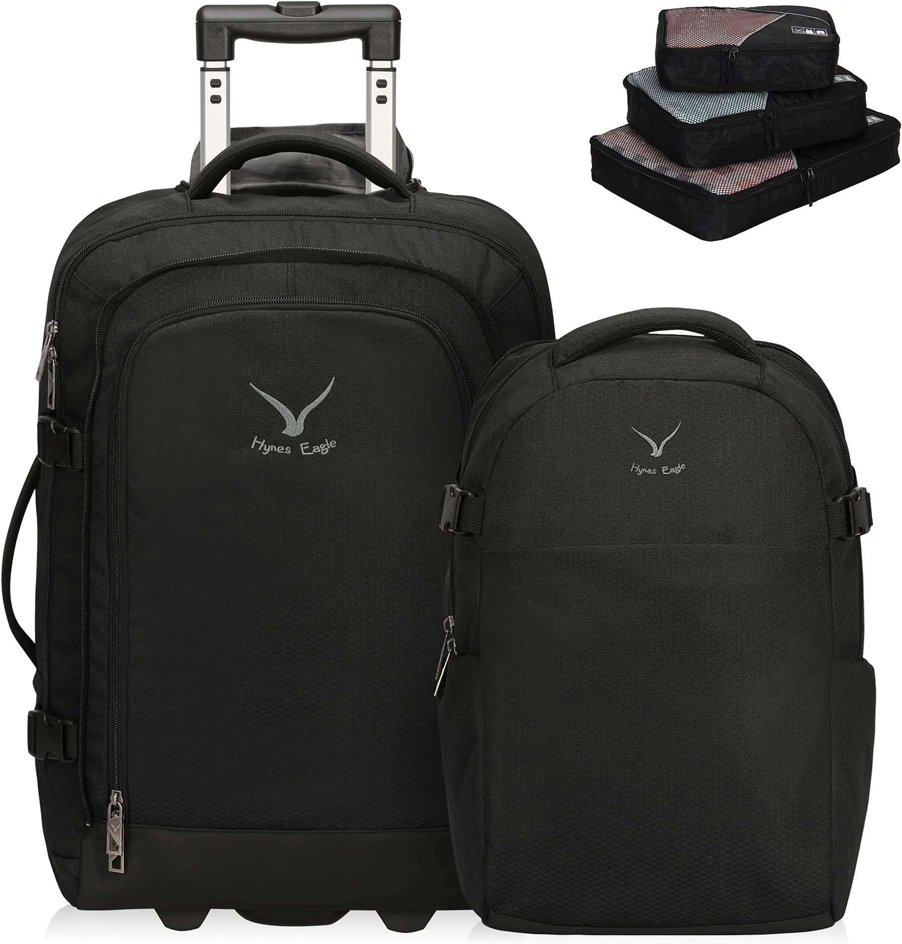 2 in 1 Travel Backpack 22 inches Carry on Luggage 63L Rolling Backpack for Men Women with Packing Cubes 3PCS Set