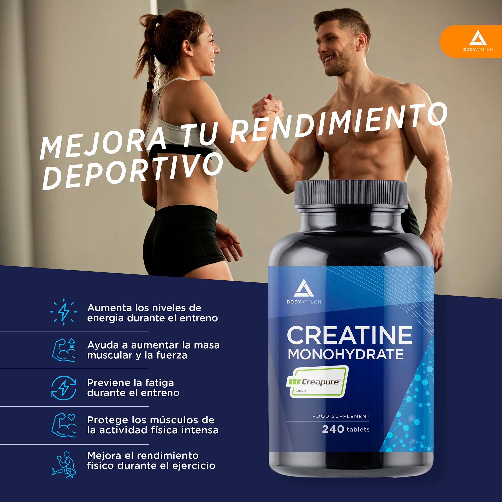 Creatina CREAPURE Monohidrata 240 comprimidos- Calidad garantizada, Vegano- Aumenta tu masa muscular fuerza y resistencia - Creatina Monohidratada Pura 3000mg- Comprimidos solubles- Bodyathlon