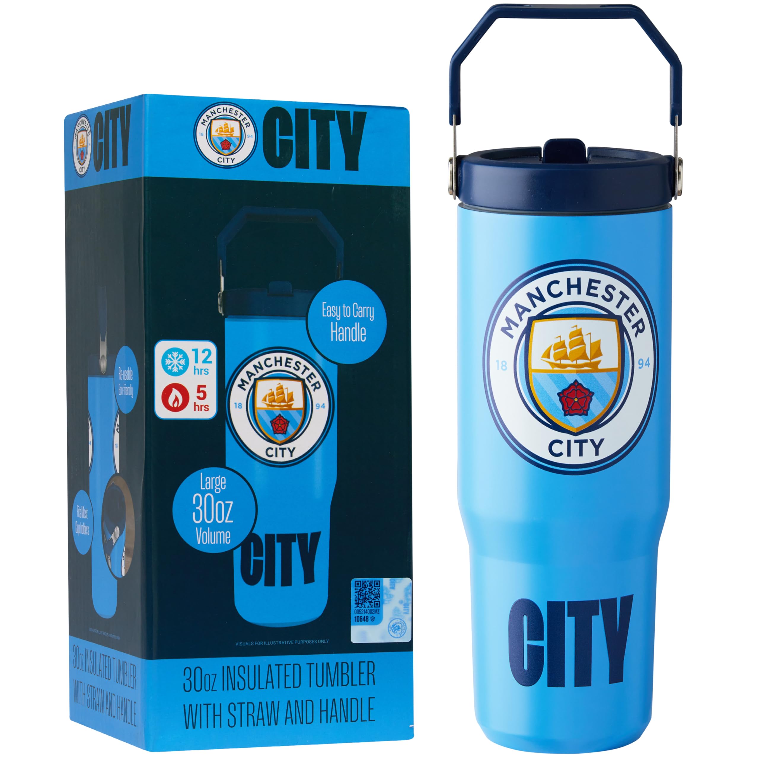 Get Trend Manchester City Tumbler 30oz/850ml, Insulated Water Bottle with Straw & Handle, Leakproof Stainless Steel Metal Flask for Hot & Cold Drinks