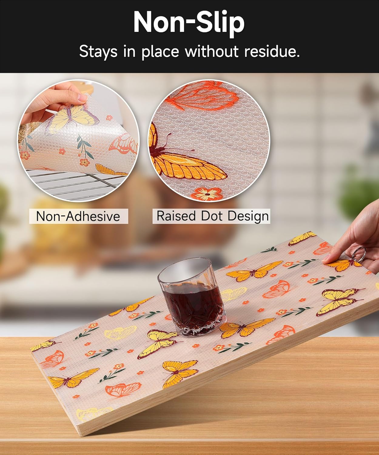 Drawer & Shelf Liner for Kitchen Cabinets Non Adhesive Waterproof Oilproof Easy to Cut Reusable Washable Shelf Paper for Refrigerator, Cupboard, Dresser, Bathroom (Colorful Butterfly, 23.6"W x 236"L)