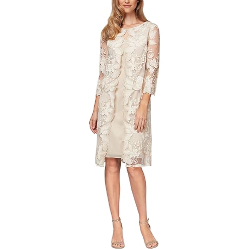 Alex Evenings Women's Short Embroidered Elongated Mock Jacket Dress