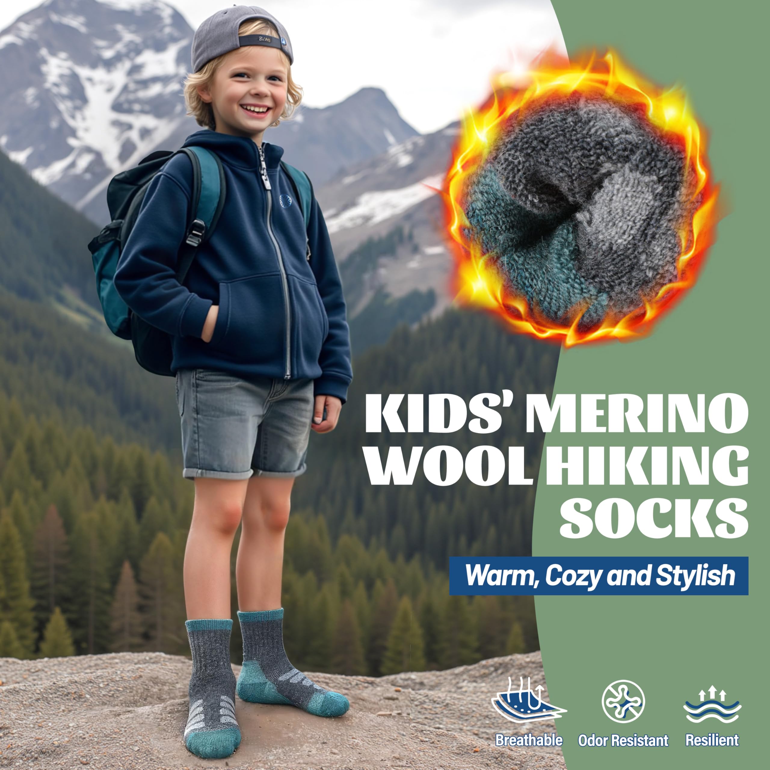 MOSEY KOSY 6 Paires Chaussettes Enfant Laine Mérino pour Marche Garçons Filles Tout-Petits Hiver Thermiques Épaisses Chaudes Rembourrées Chaussettes Crew pour Randonnée