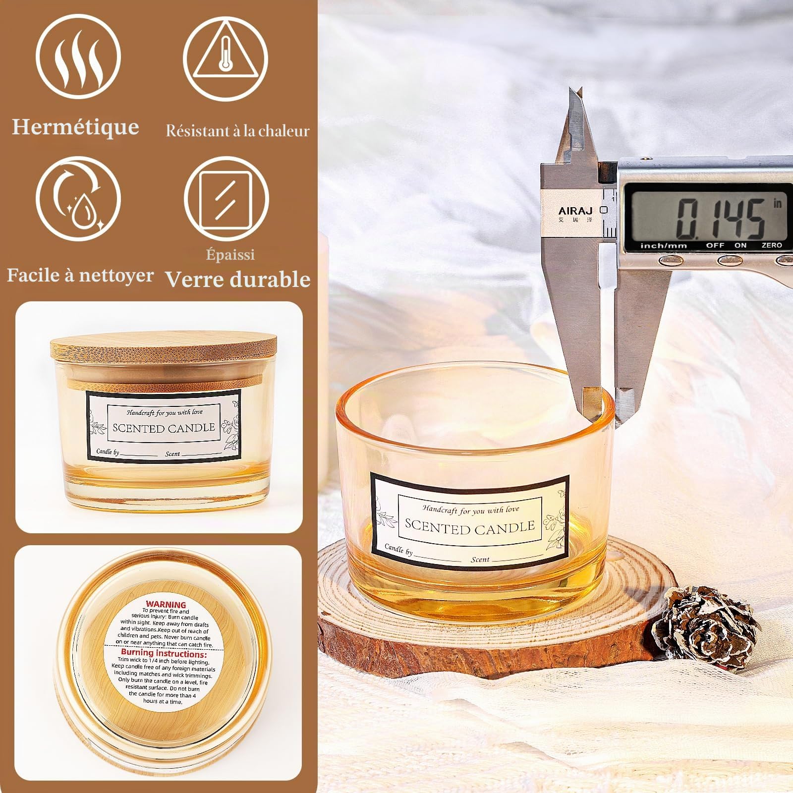 CONNOO Lot de 15 bocaux en verre ambré doré de 118 ml avec couvercles hermétiques en bambou pour la fabrication de bougies, récipients à bougies vides avec étiquettes adhésives