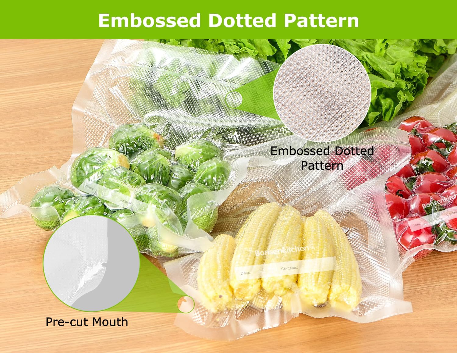 Bonsenkitchen Vacuum Sealer Bags, 20 Gallon 11" x 16"+ 80 Quart 8" x 12"+ 50 Pint 6" x 10", Commercial Grade, BPA Free, Food Sealer Bags for Vac Storage, Meal Prep or Sous Vide Cooking, VB15 - Image 4