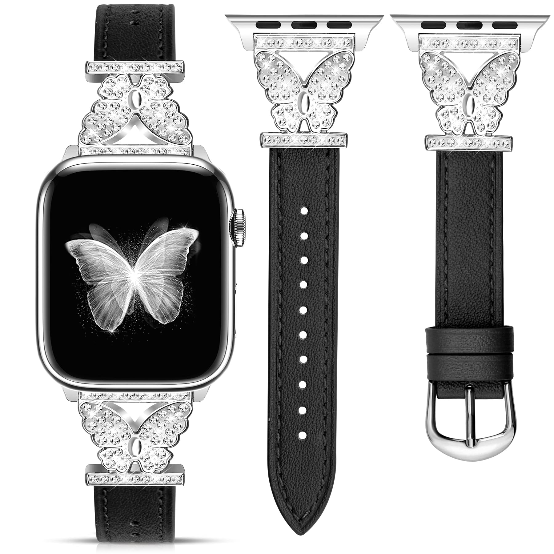 JR.DM Leather Watch Bands for Women Compatible with Apple Watch 38mm 40mm 41mm 42mm (S10) with Silver Bling Butterfly Connector Slim Leather Strap for iWatch Series 10/9/8/7/6/5/4/3/2/1/SE