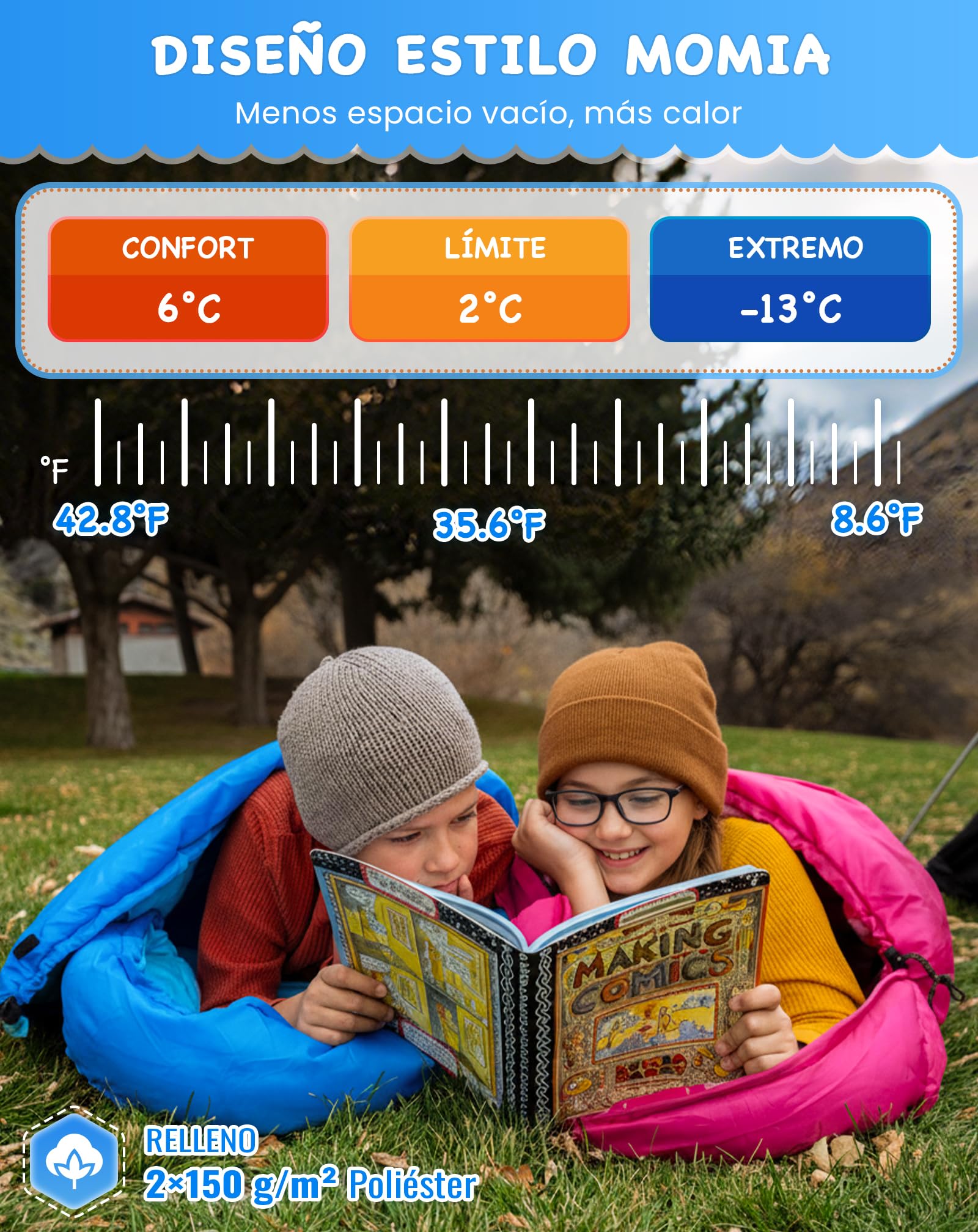KingCamp Saco de Dormir para niños con Forro de Franela para Clima frío, Saco de Dormir de 3 a 4 Estaciones para Adolescentes, jóvenes, niños, niñas, Camping, Senderismo, Mochila
