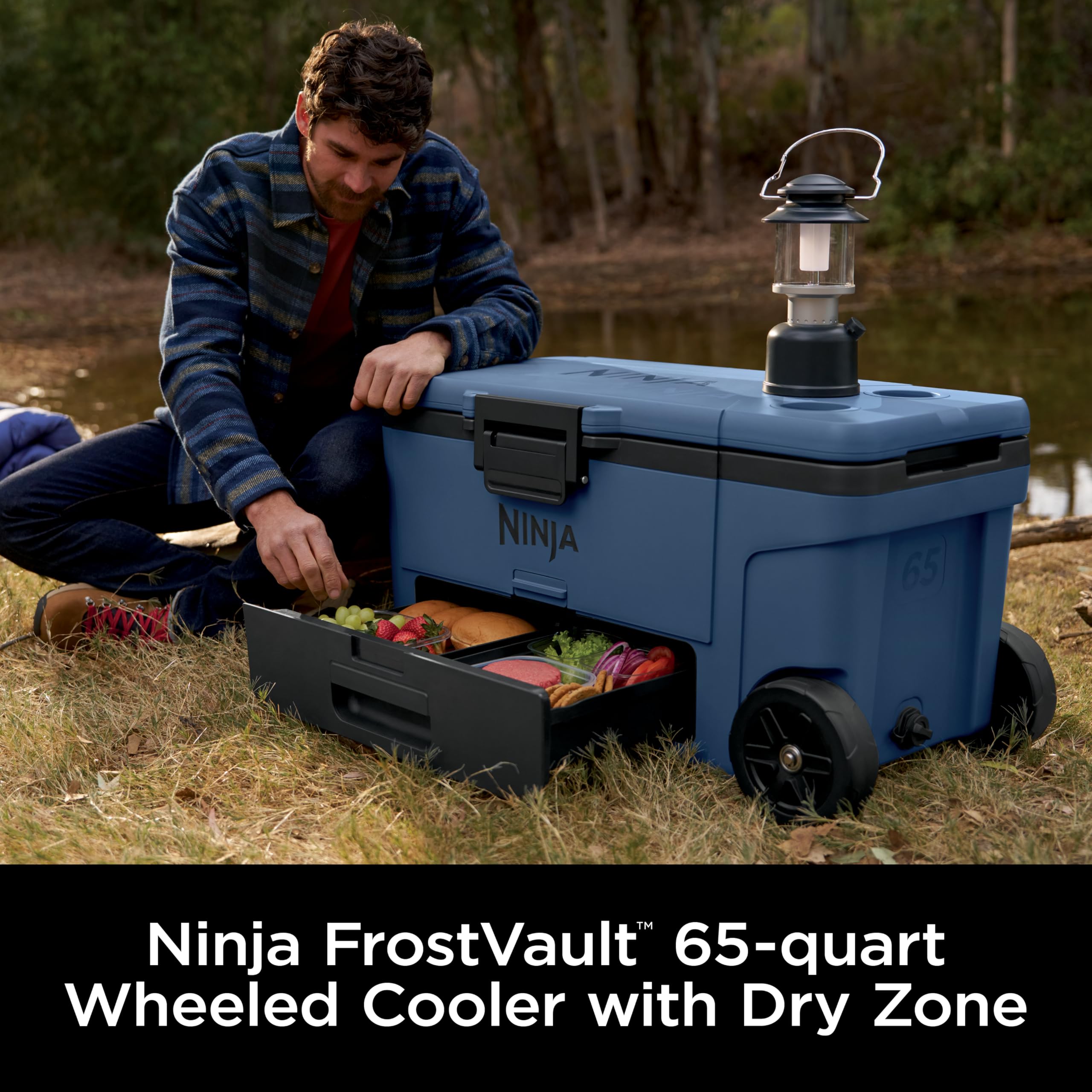 Ninja | Cooler | FrostVault 65QT Cooler with Wheels | Insulated with Temp Dry Storage Drawer | Keeps Ice Cold for Days | for The Beach, Camping, Picnics & More | Lakeshore Blue | FB265BL