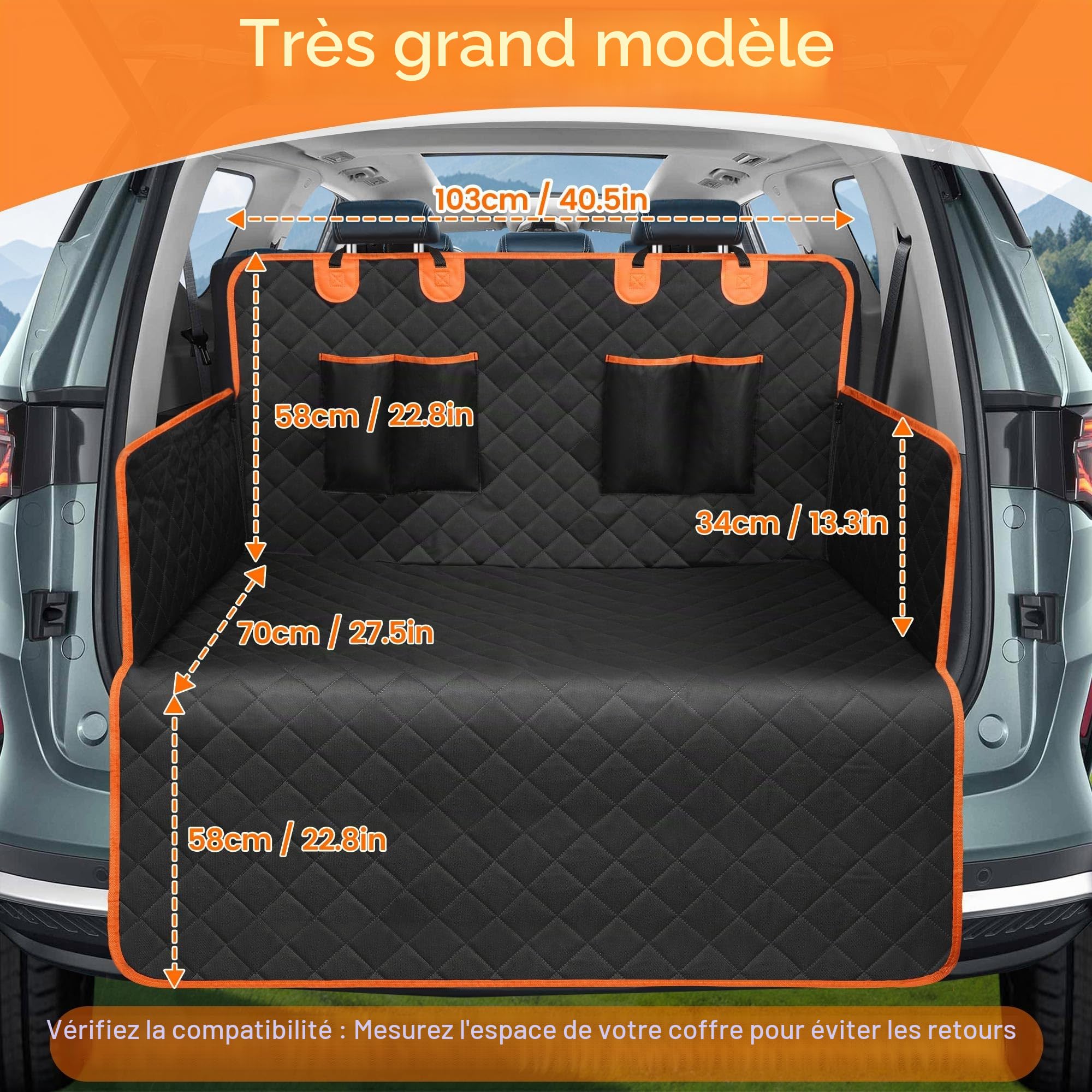 Protection Coffre Voiture Chien - Tapis de Coffre Voiture avec Protection Latérale et Pare-Chocs Arrière,Imperméable & Anti-Rayures & Entretien Facile,Housse Siege avec 2 Grandes Poches