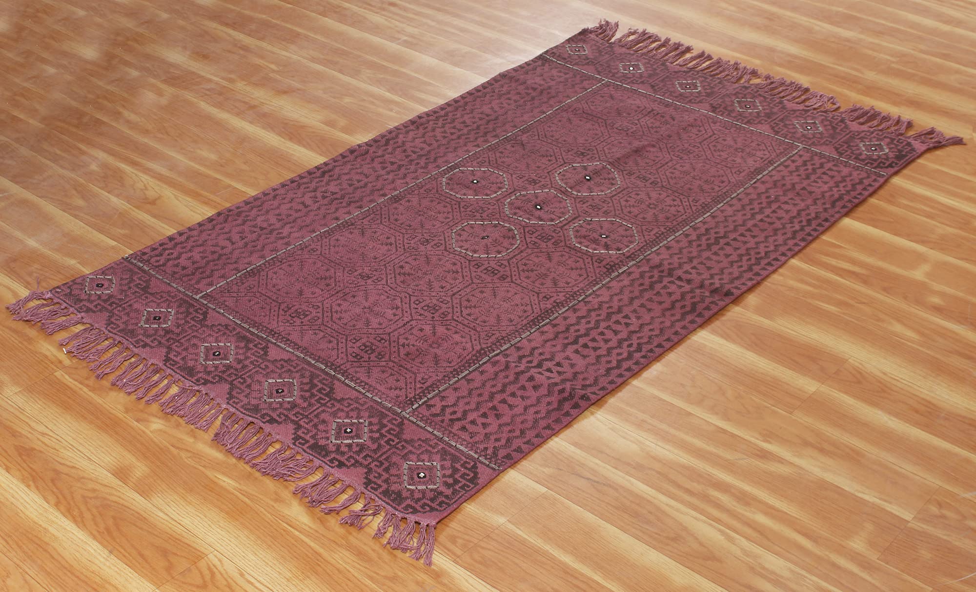 Dhurrie Teppich mit Handblockdruck, flach, handgewebt, Quaste, Boho, indischer, böhmischer Akzent, handgefertigt, handgewebter Teppich für Eingangsbereich, Flur 330 x 330 cm (11 x 11 Fuß im Quadrat)