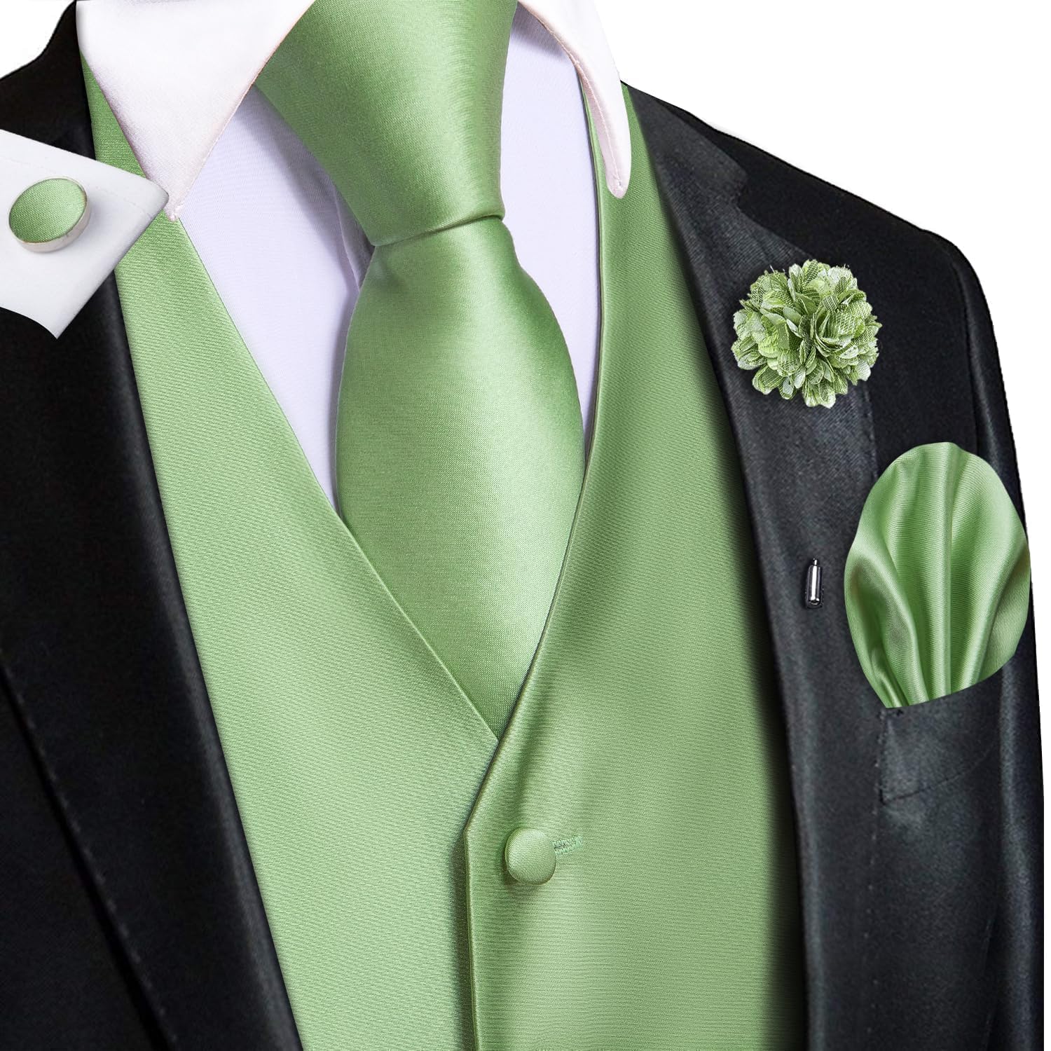 Hi-Tie Gilet da uomo con motivo cachemire, gilet formale in seta jacquard e cravatta con risvolto e tasca quadrata set per smoking da sposa