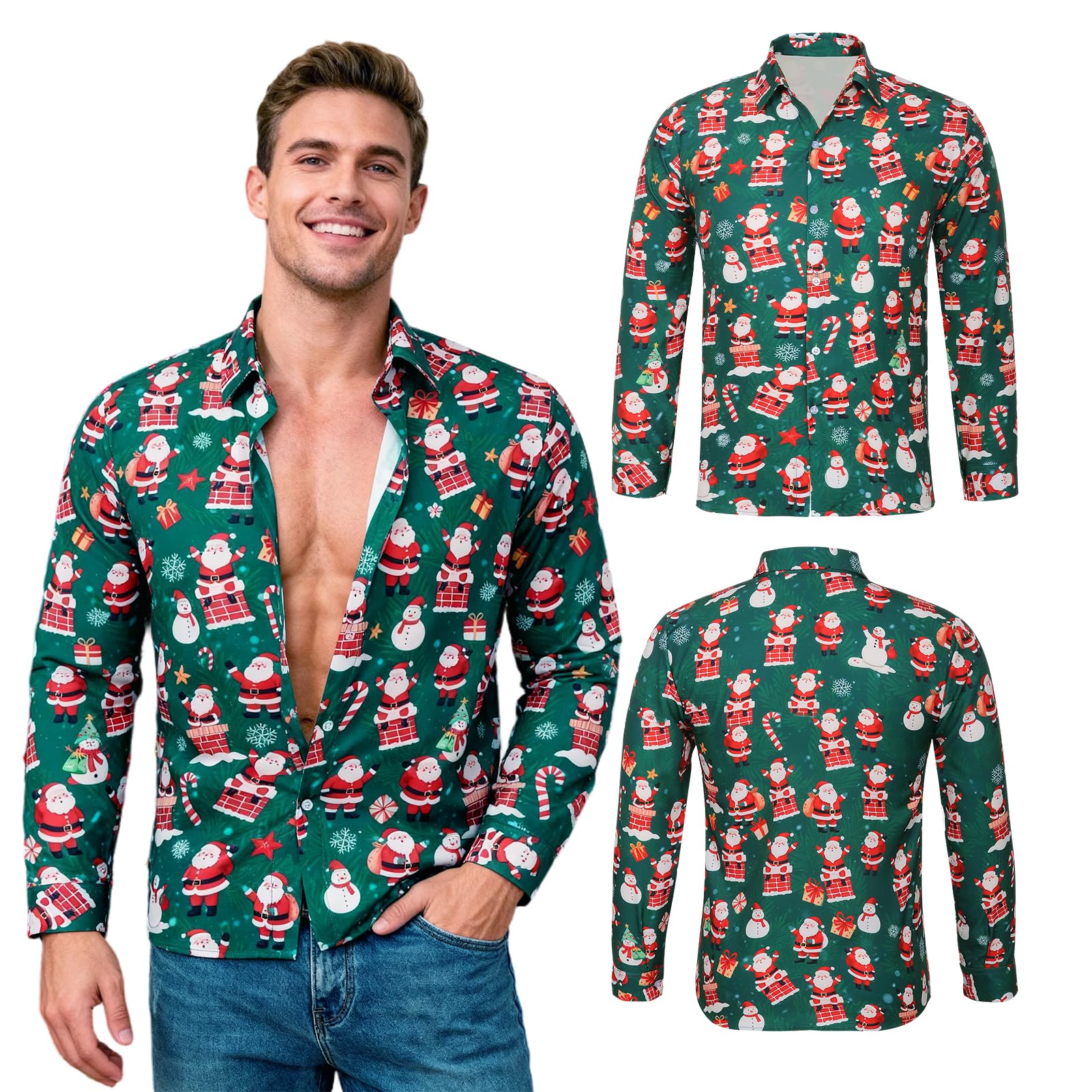Mens Christmas Shirt 3D Printed Santa Claus Shirts Funny Long Sleeve Button Down Ugly Xmas Shirt Snowman Elf Reindeer Hawaiian Costume Festive Holiday Party (UK