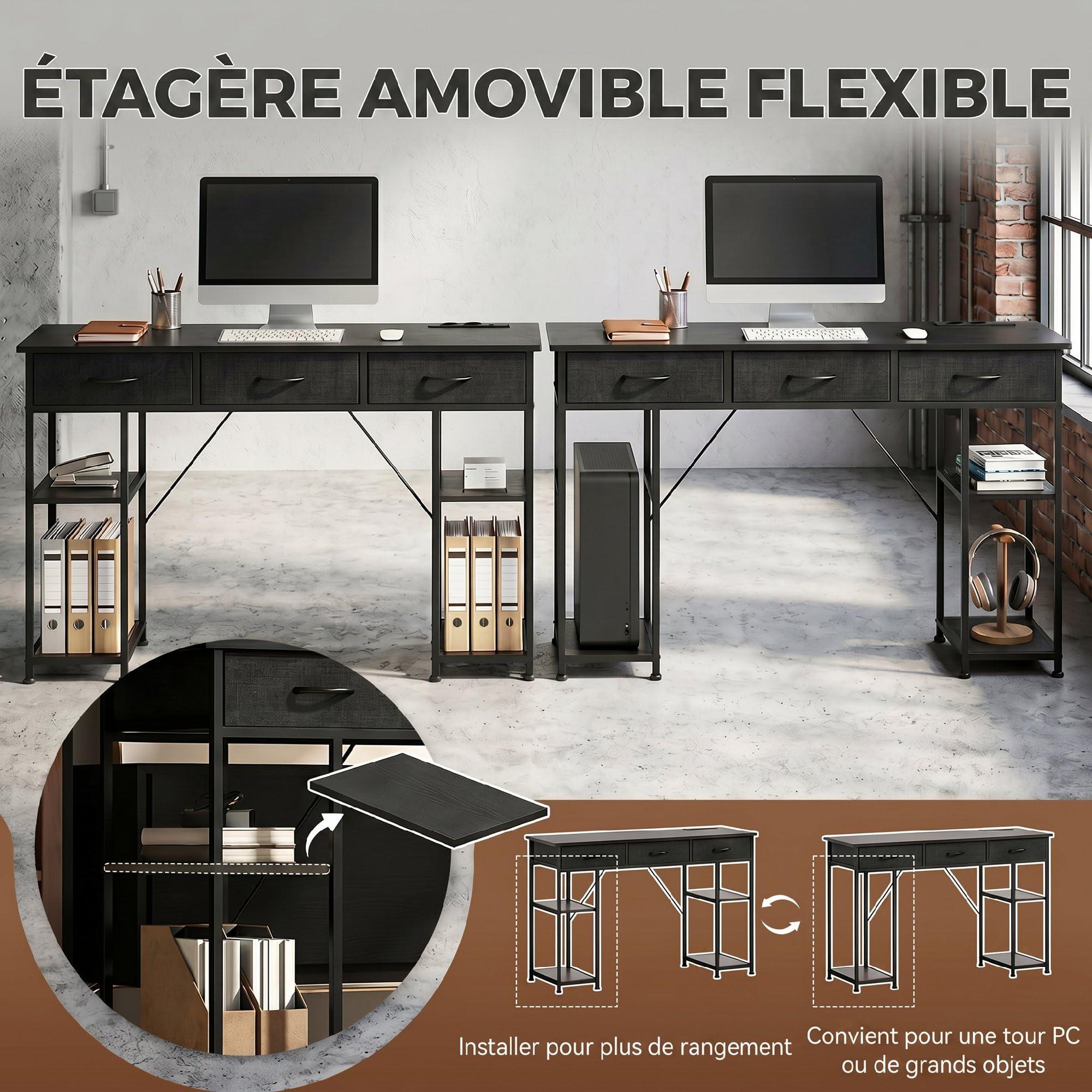 HOMCOM Scrivania per computer con 2 prese di ricarica USB e 2 prese di corrente, scrivania con deposito 120 x 40 cm, ripiani regolabili e 3 cassetti in tessuto, postazione di lavoro, telaio in acciaio