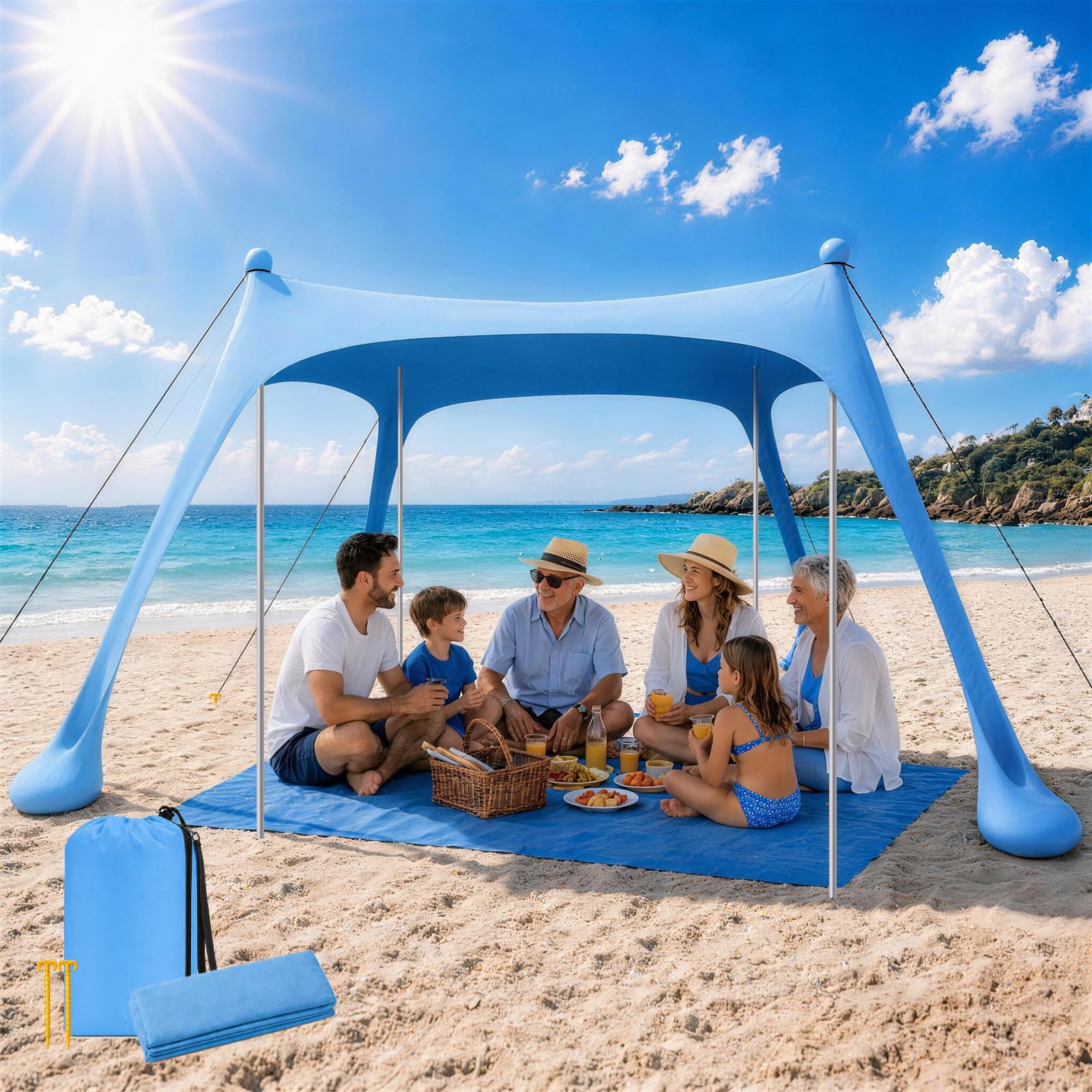 Tienda de Playa portátil Familiar, protección UV, toldo para Camping y Playa, Refugio con Anclajes de Arena y Barras de Aluminio, 10x10FT, Azul Cielo