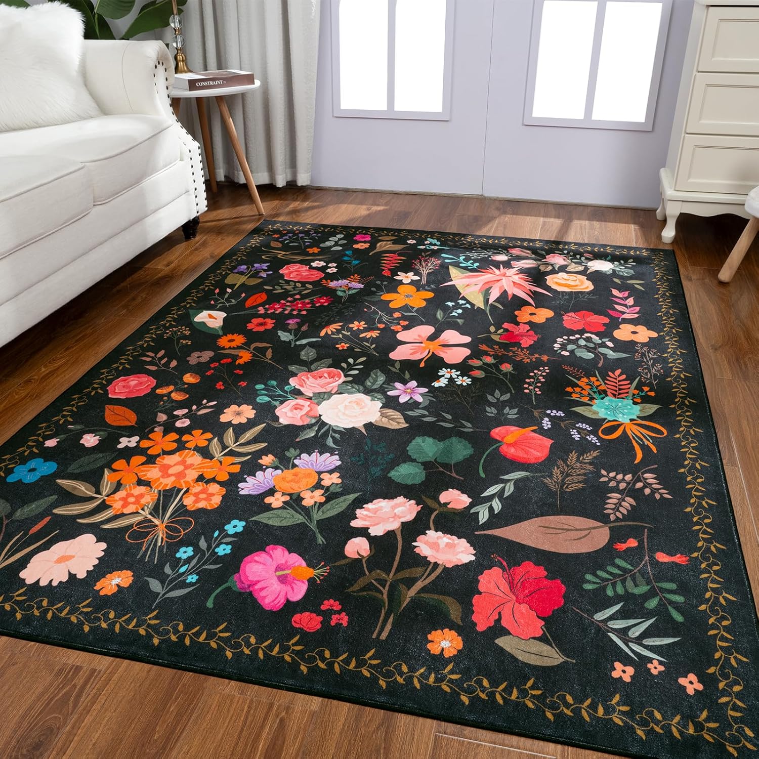 Living Room Rug 5x7 Floral Boho Washable Area Rugs Non Slip Low Pile Vintage Large Rugs for Bedroom Farmhouse Dining Room Kids Playroom Floral - Black 5' x 7' (Rectangular)