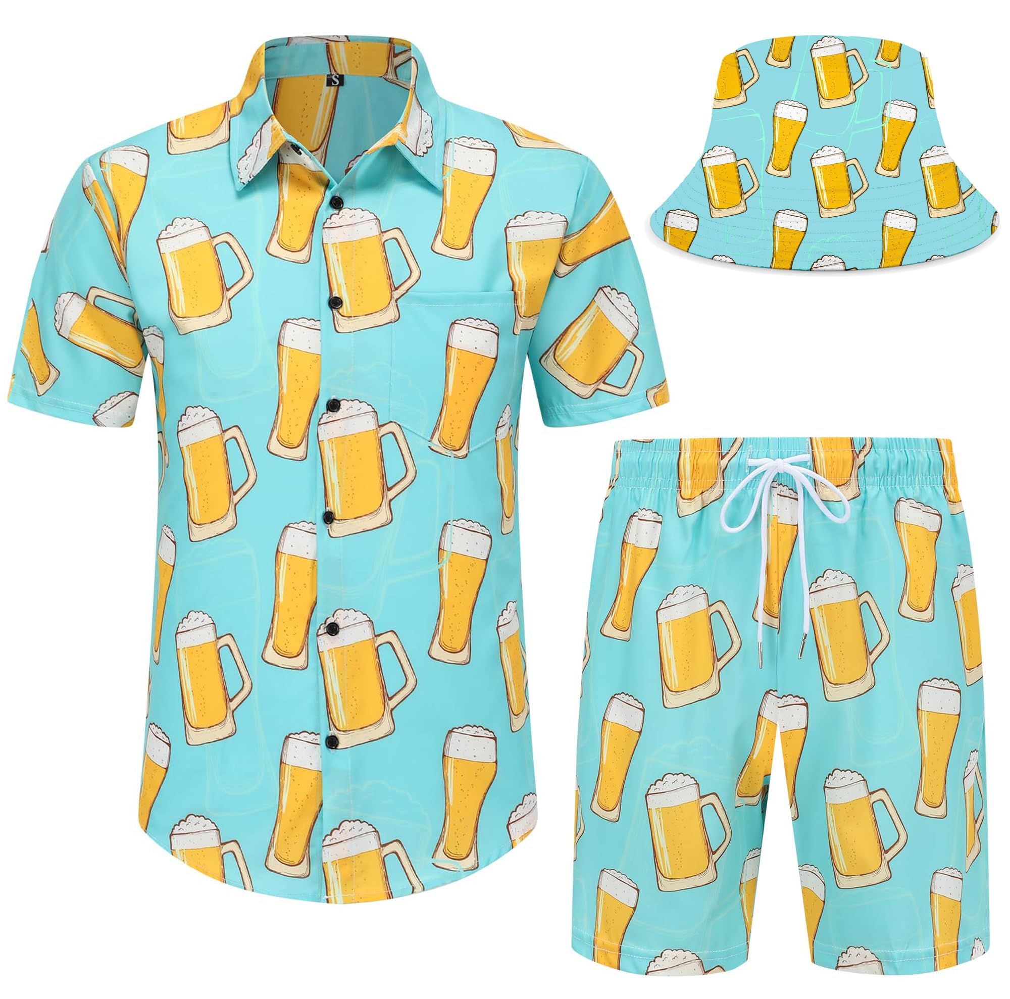 Spanoous Mens Hawaiian Shirts and Shorts Set Funny Hawaiian Shirts for Men Beach Outfits Sets with Bucket Hats