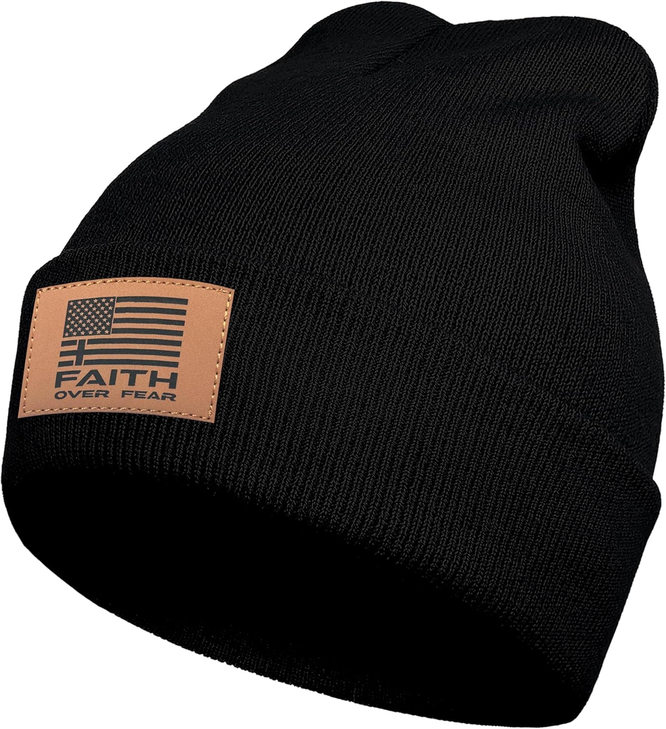 Faith Over Fear Beanie with Leather Beanie Hat for Men Women Gifts for Dad Knit Hat Warm Knitted Winter Cap - Image 2