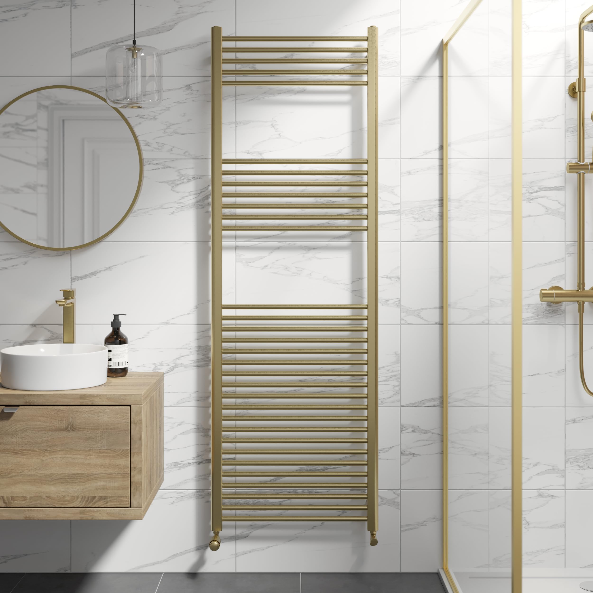 Duratherm Brushed Brass Duratherm® 1800 X 600Mm Flat Straight Heated Towel Rail Radiator Modern Central Heating Bathroom Warmer Wall Mounted Ladder Rad,