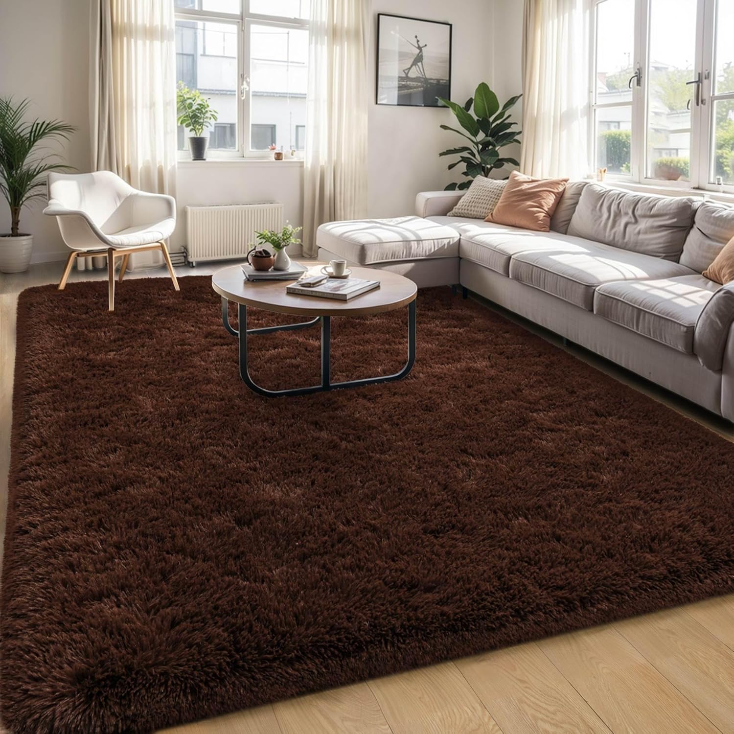 6x9 Fluffy Soft Browm Rug for Living Room Bedroom, Large Area Rugs Super Soft Shaggy Carpet for Classroom Kids Babys Playroom Toddler Nursery Dorm Home Decor, Modern Indoor Non Slip Rug