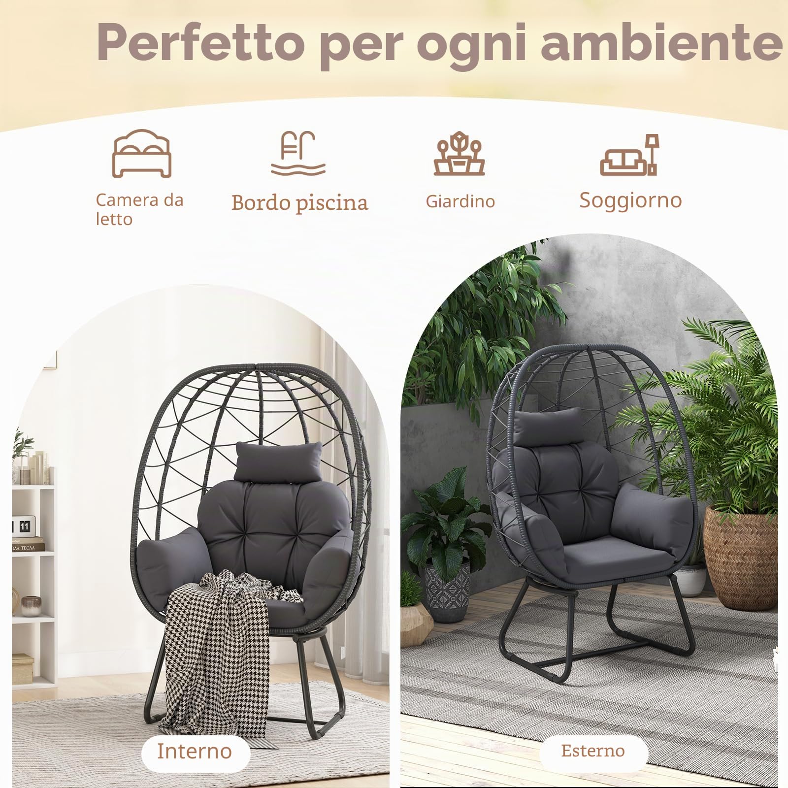 LIFEZEAL Sedia da Giardino in Rattan PE, Poltrona con Cuscino Morbido Rimovibile, Soggiorno Esterno con Supporto in Metallo, per Balcone, Veranda, Terrazza, Carico 150 kg (Grigio)