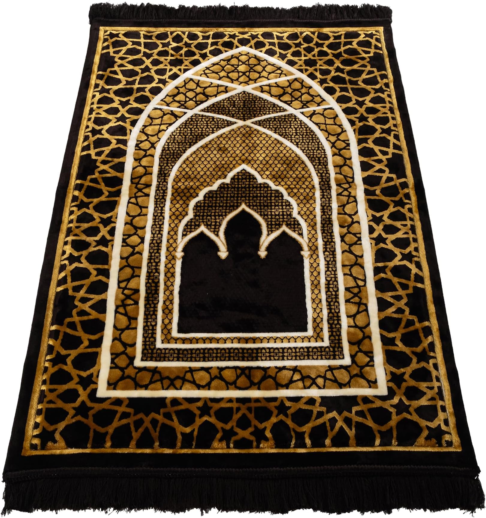 Modefa Turkish Islamic Prayer Rug - Comfortable Muslim Praying Mat for Men & Women - Soft Velvet Janamaz Praying Carpet - Ramadan or Eid Gift - with Kufi Prayer Cap - Plush Saray (Black/Gold)
