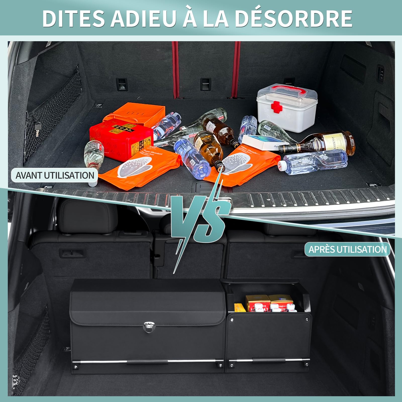 Rangement Coffre de Voiture, organisateur coffre voiture En Cuir pliable Avec Couvercle Et Poignée Robuste organisateur de coffre de voiture Et Stockage pour SUV (92 * 29 * 31cm)