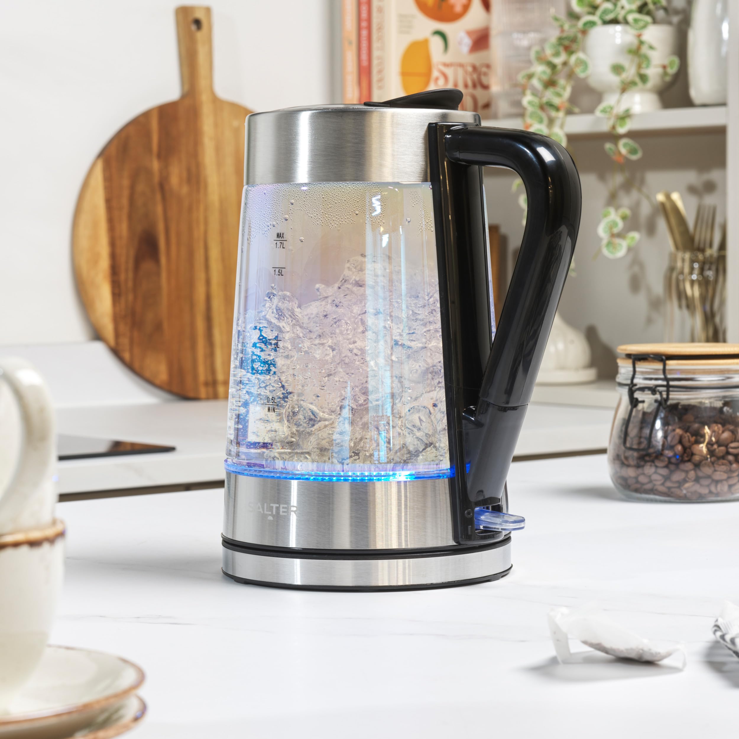 Salter Hervidor de cristal iridiscente, 1,7 l, luz LED azul | 2200 W, tapa Easy-Fill de presión, filtro antical, base giratoria 360°, sensor de ebullición en seco, apagado automático